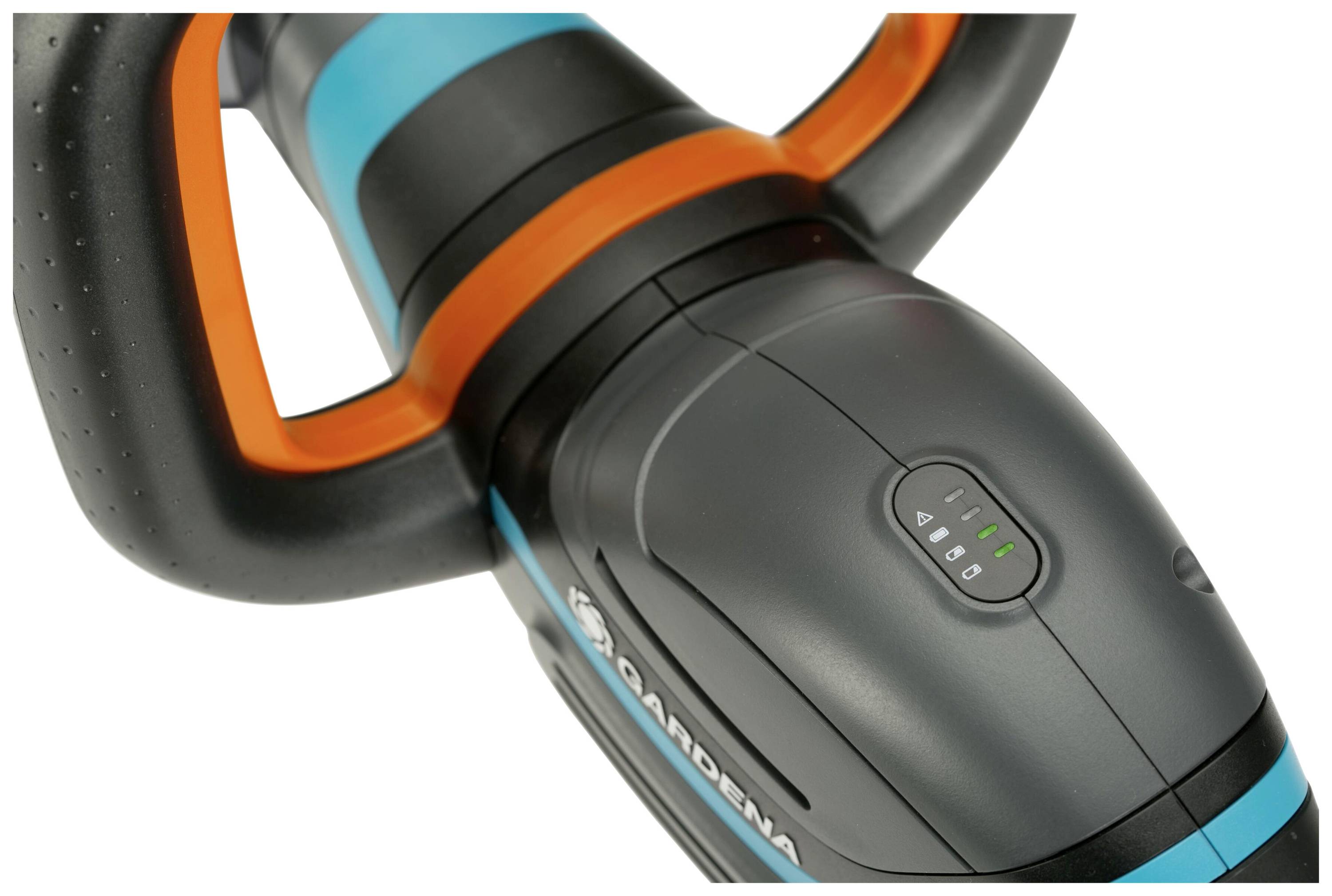 Eine Nahaufnahme eines elektrischen Werkzeugs mit einem ergonomisch geformten Griff und eingebauter Anzeige für den Batteriestand.