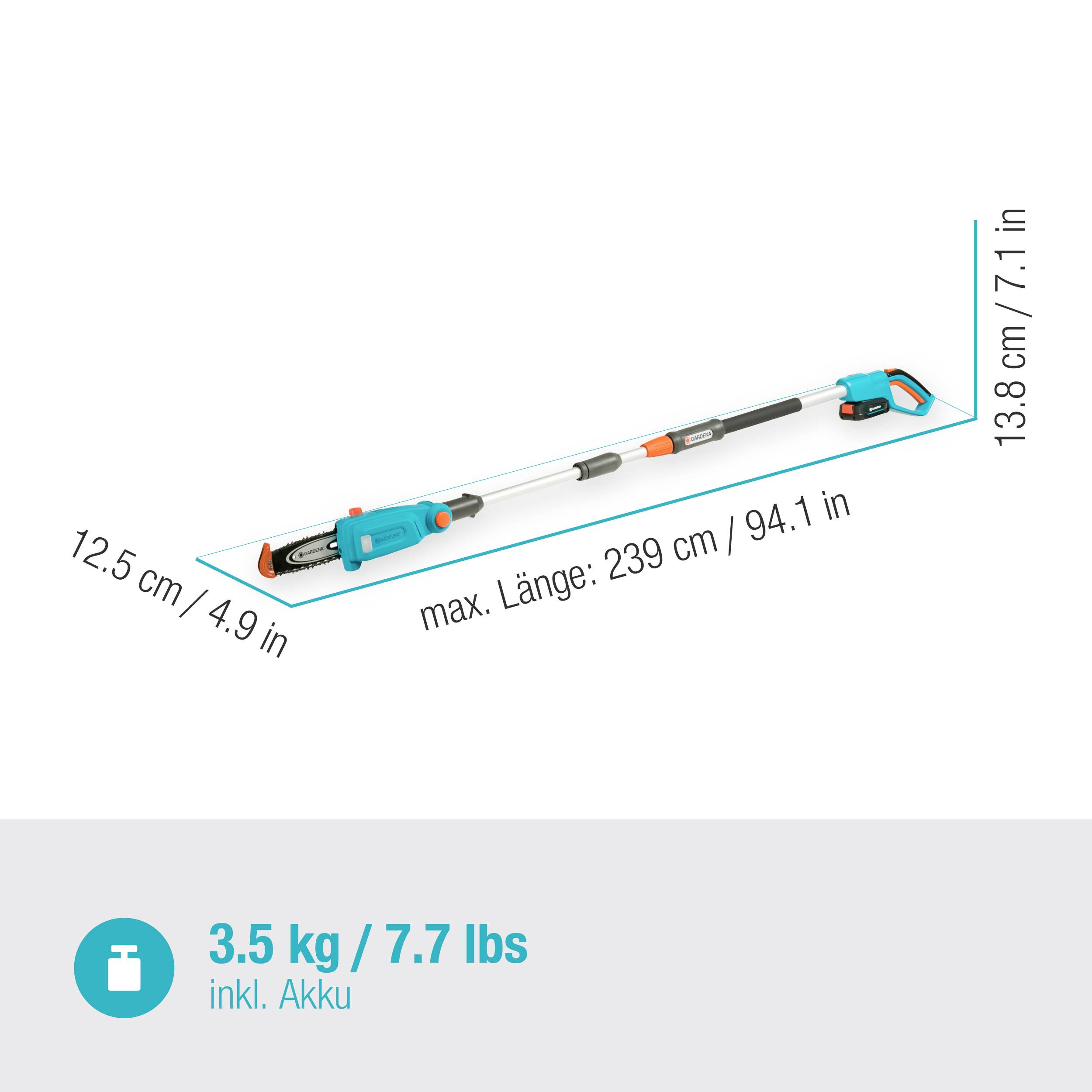 Teleskop-Heckenschere mit Batterie, max. Länge 239 cm, Gewicht 3,5 kg inkl. Akku, Maße 12,5 x 13,8 cm.