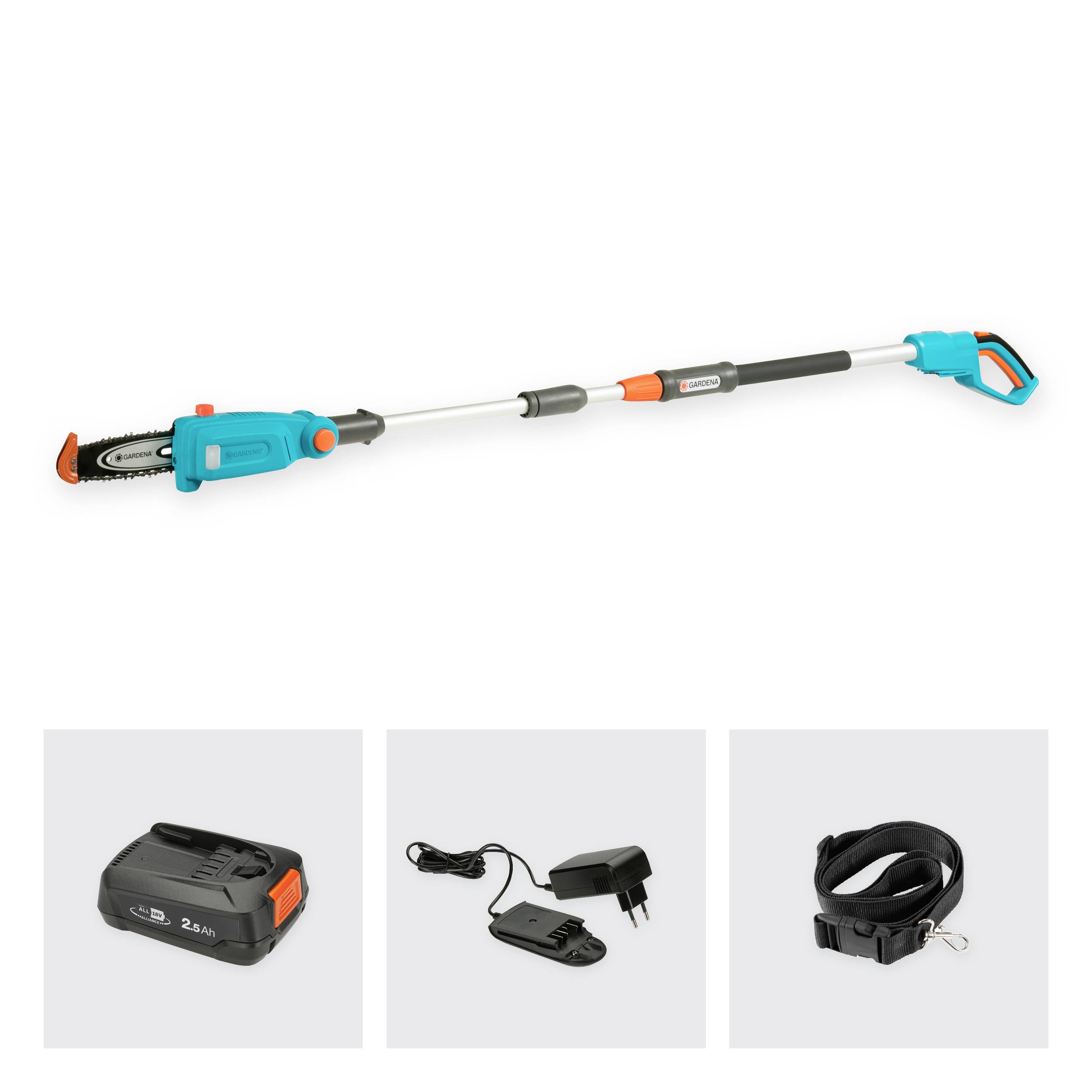 Eine Akku-Teleskop-Heckenschere mit Zubehör: Akku, Ladegerät und Schultergurt. Ideal für das Schneiden hoher Hecken.