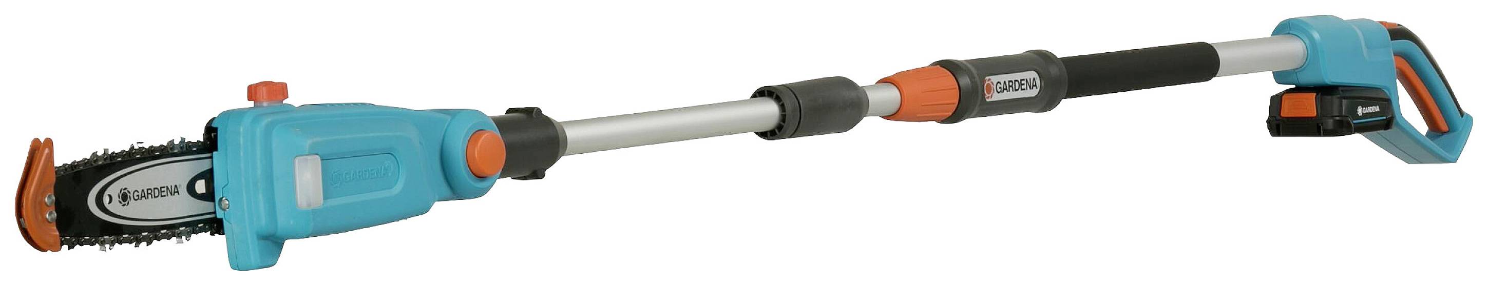 Gartengerät: Ein blauer, orangefarbener Hochentaster mit Teleskopgriff und Akku für das Schneiden von Ästen in der Höhe.