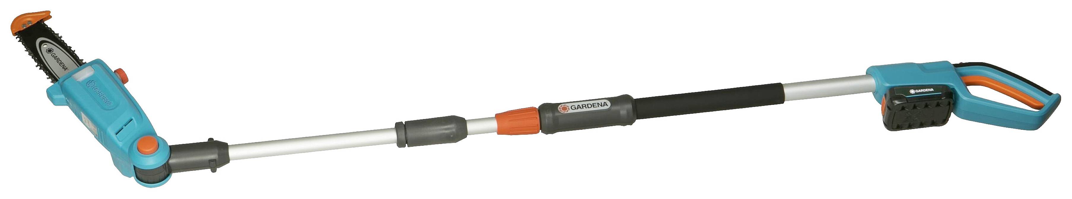 Teleskop-Astsäge mit blauem und orangem Griff, einstellbarer Länge und Sägeblatt an einem Ende, geeignet für Baumschnittarbeiten.