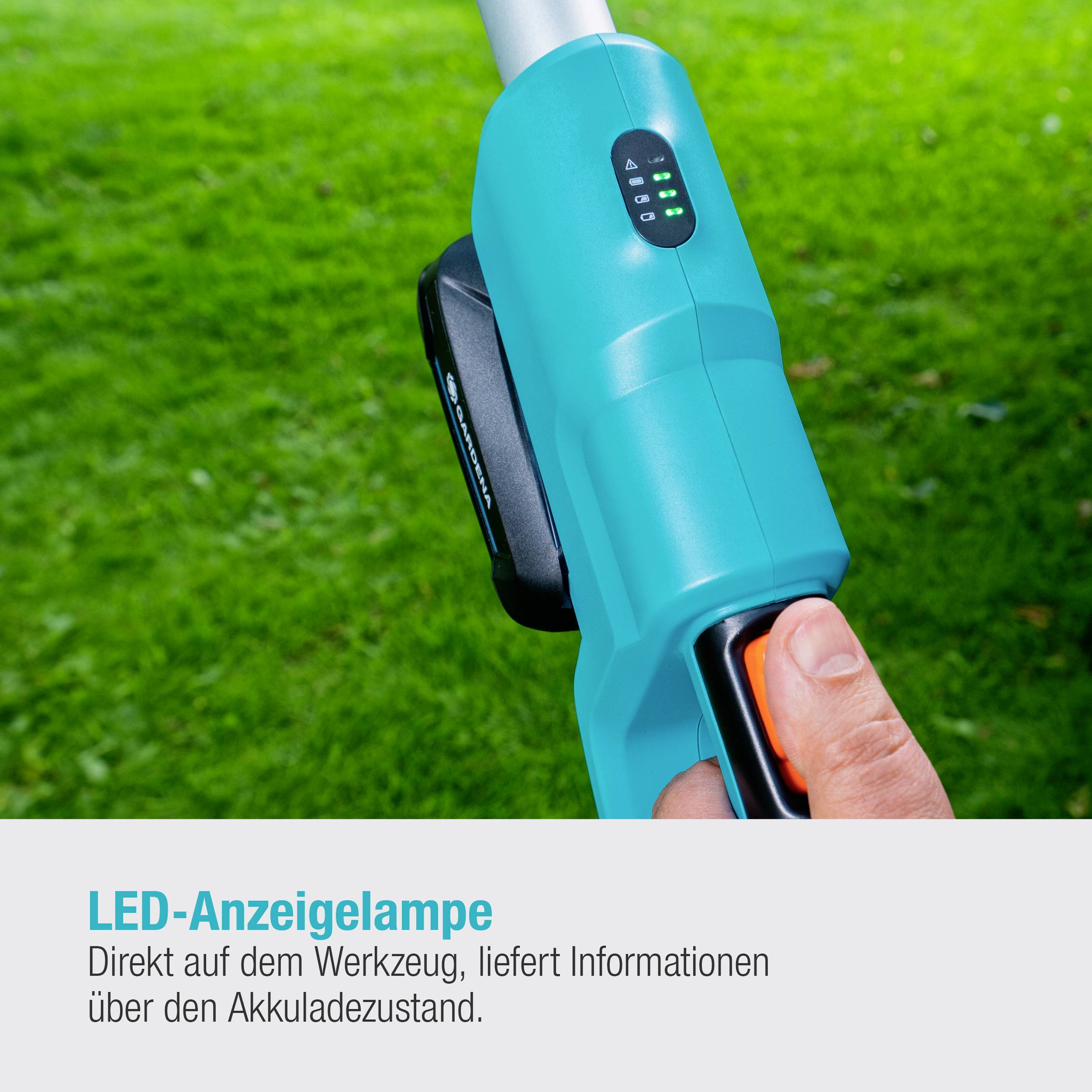 LED-Anzeigelampe über dem Werkzeug, liefert Informationen über den Akkuladezustand.