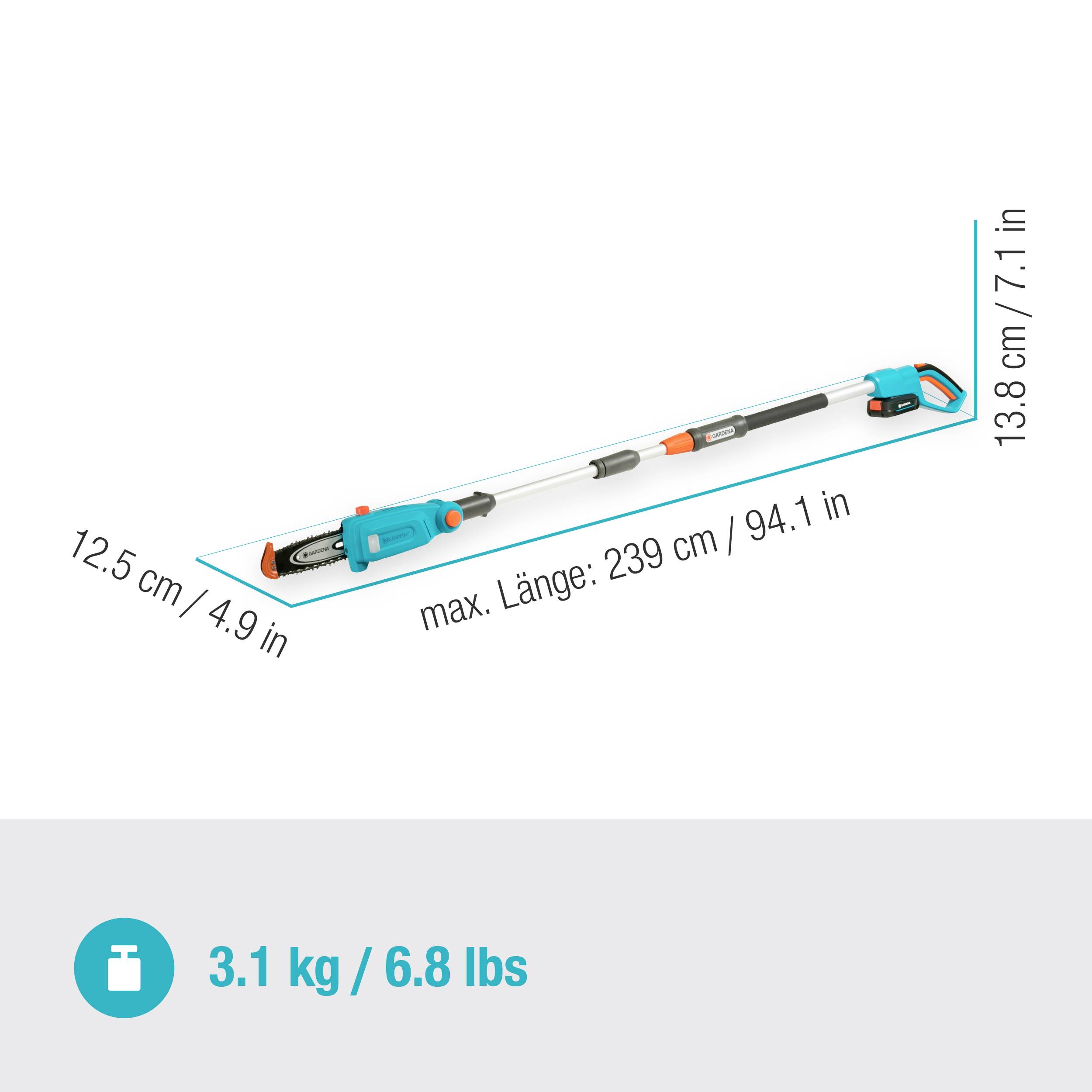 Teleskop-Astsäge mit ausfahrbarem Stab, maximal 239 cm Länge. Gewicht: 3,1 kg. Maße: 12,5 cm Breite, 13,8 cm Höhe.
