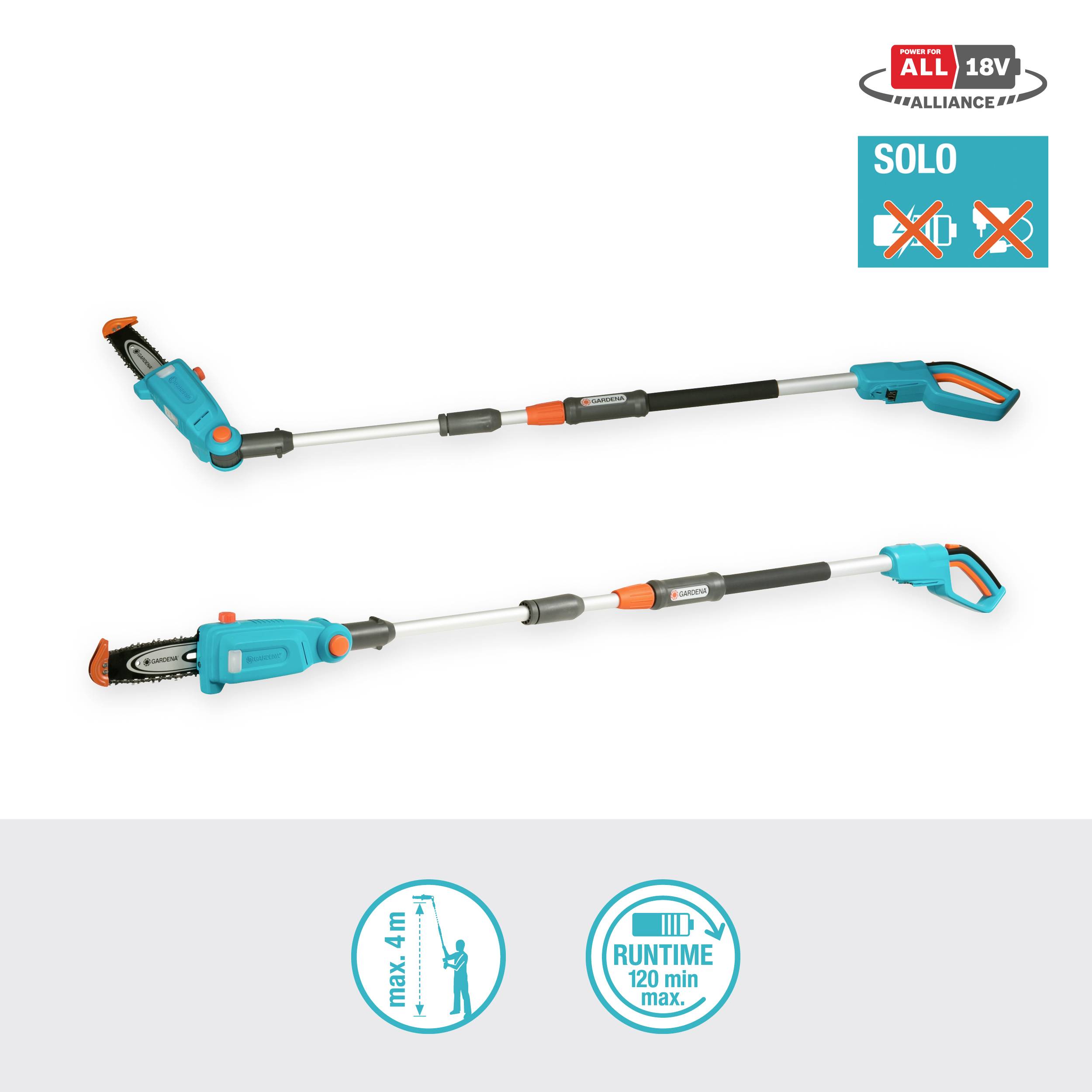 Teleskop-Heckenschere mit Wechsel-Akku. Verlängerbar bis 4 Meter. Akkulaufzeit: 120 Minuten. Geeignet für Baumschnitt.