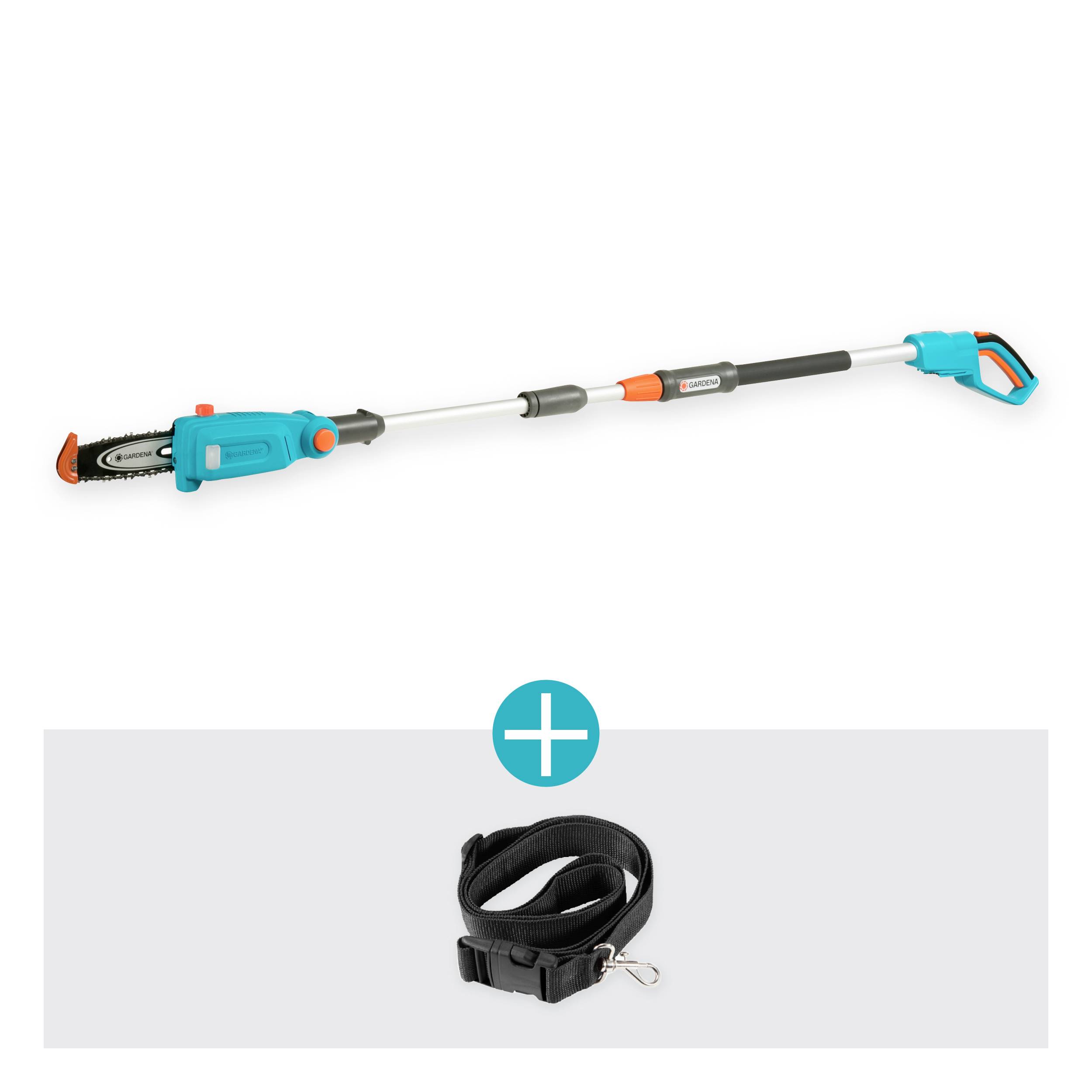 Eine teleskopische Gartensäge mit ergonomischem Griff, darunter ein Hundehalsband. Symbol '+' zeigt die Kombination der beiden Produkte.