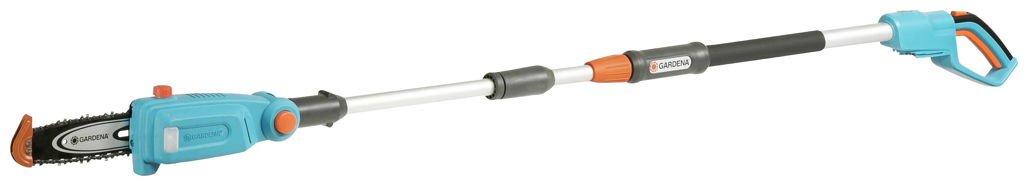 Eine teleskopische Astschere mit blauem Gehäuse und orangefarbenen Akzenten, geeignet für das Schneiden von hohen Ästen.