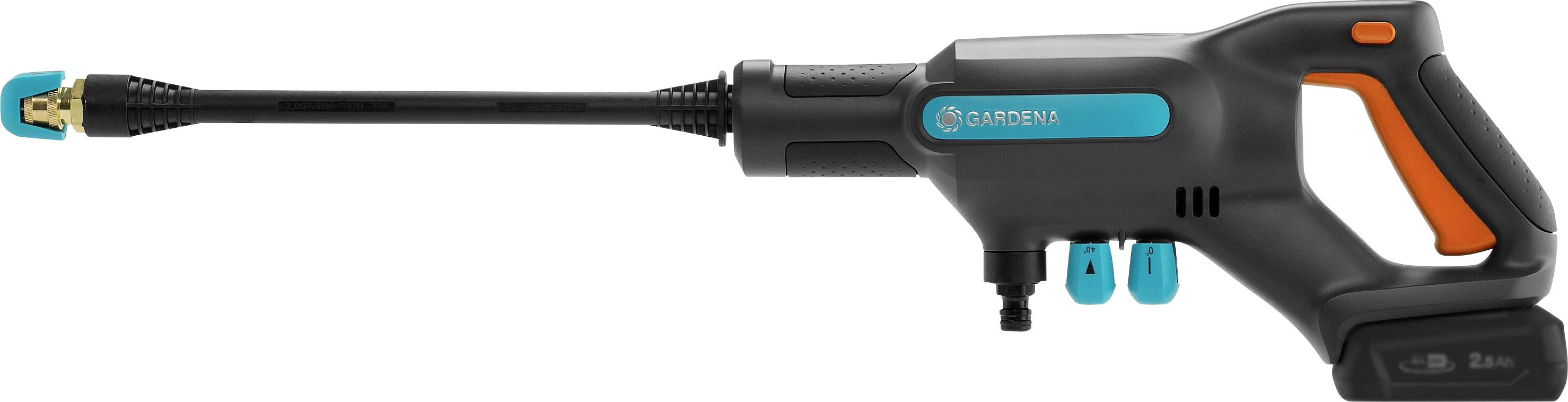 Ein batteriebetriebener Hochdruckreiniger mit ergonomischem Griff und langer Düse, geeignet für effiziente Reinigungsarbeiten im Garten.