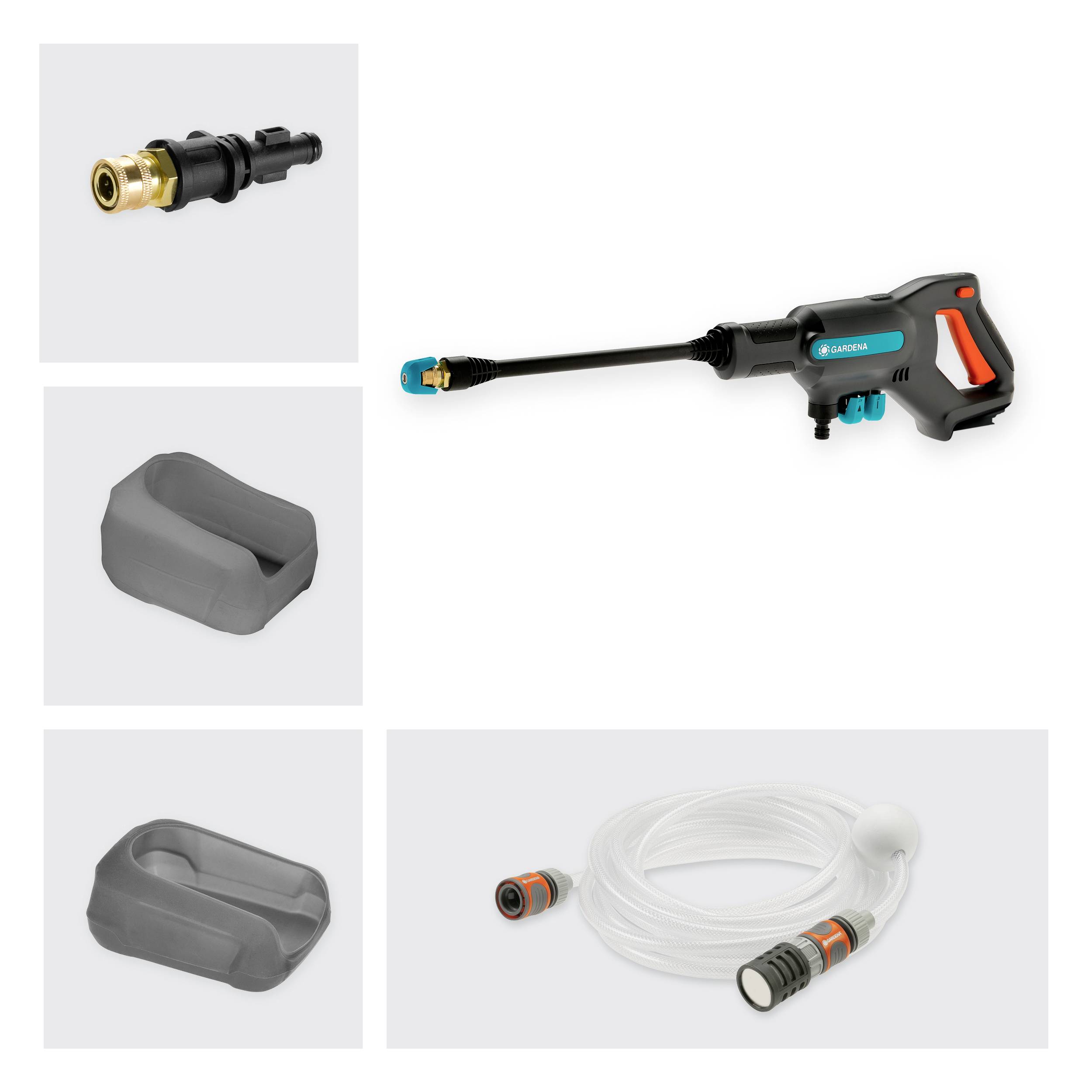 Ein tragbarer Hochdruckreiniger mit Zubehörteilen: Düse, Adapter und zwei Schläuche. Geeignet für kompakte Reinigungsarbeiten.