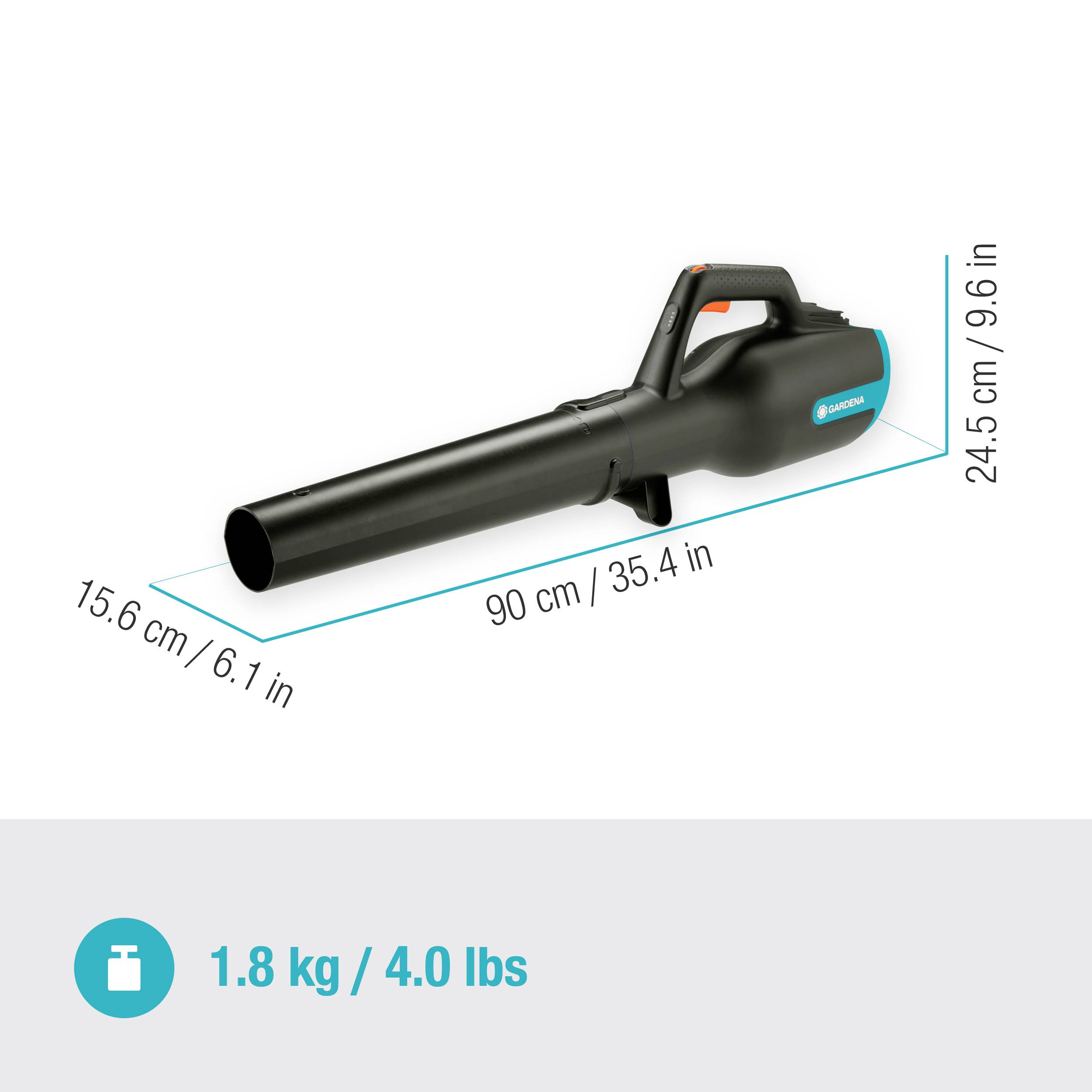 Abbildung eines tragbaren elektrischen Laubbläsers. Maße: Länge 90 cm, Höhe 24,5 cm. Gewicht: 1,8 kg.