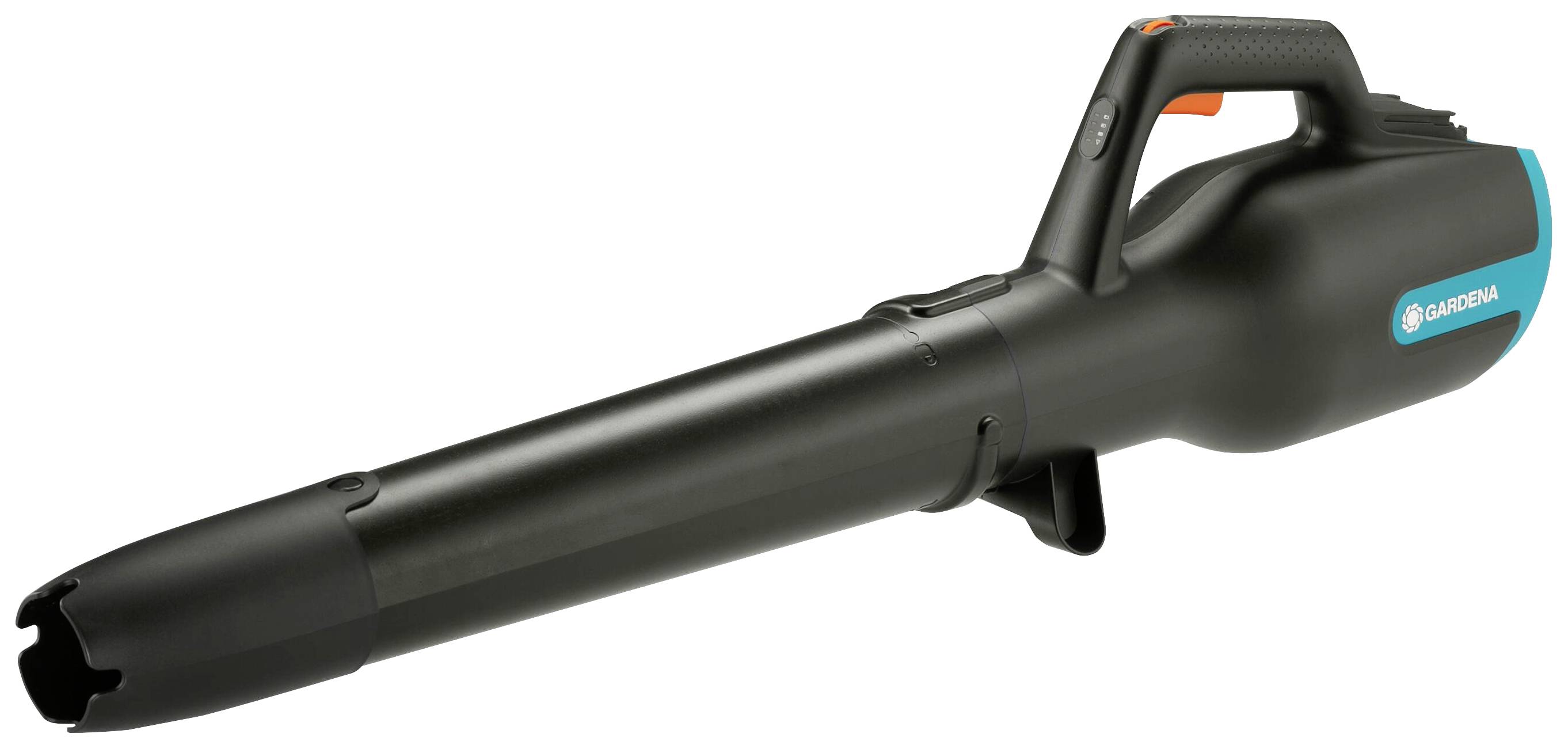Ein schwarzer, kabelloser Laubbläser mit einem ergonomischen Griff von Gardena, geeignet für Gartenarbeiten.
