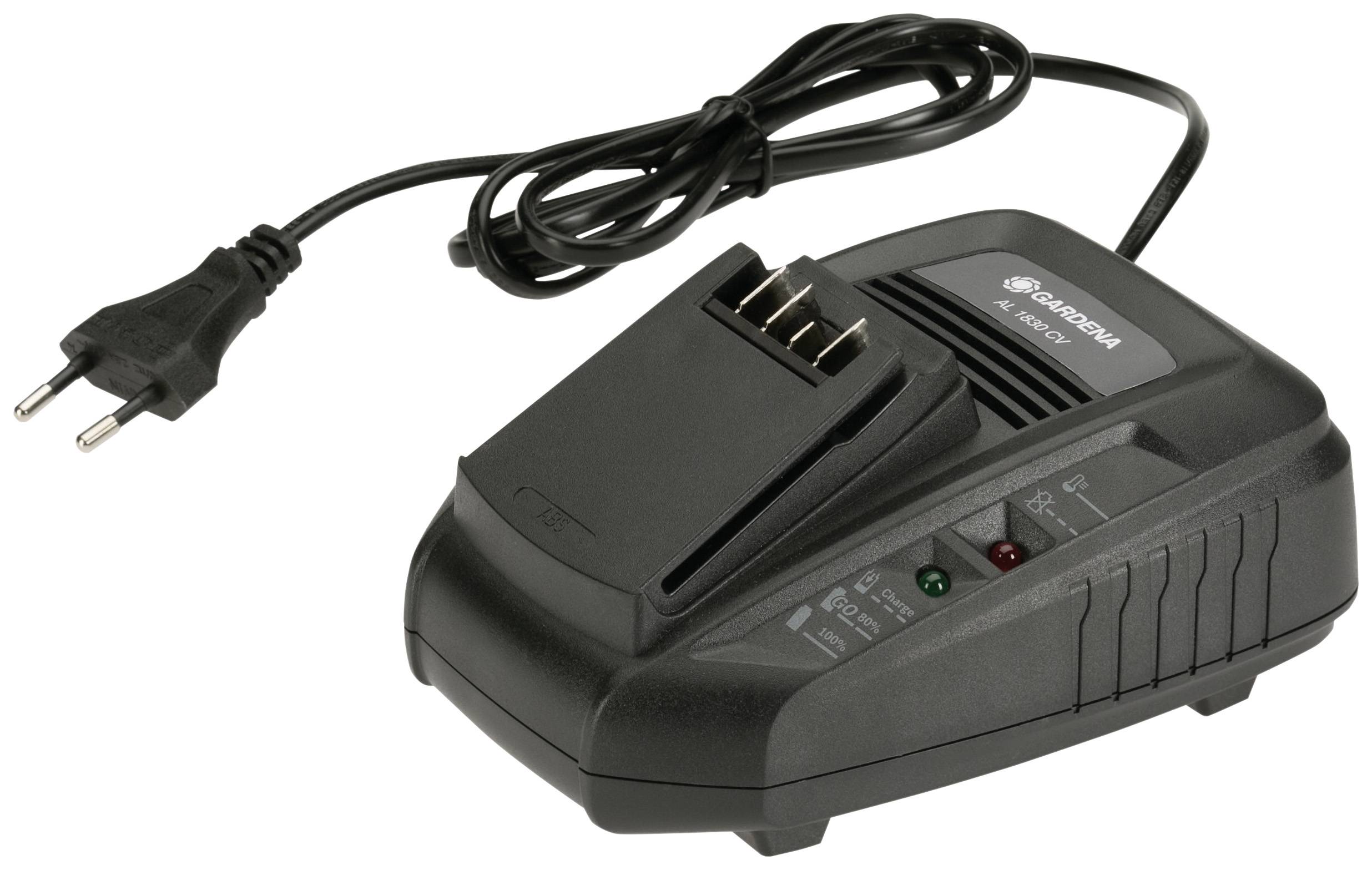 Schwarzes Akkuladegerät mit Netzkabel und EU-Stecker, geeignet für Garten- oder Elektrowerkzeuge.