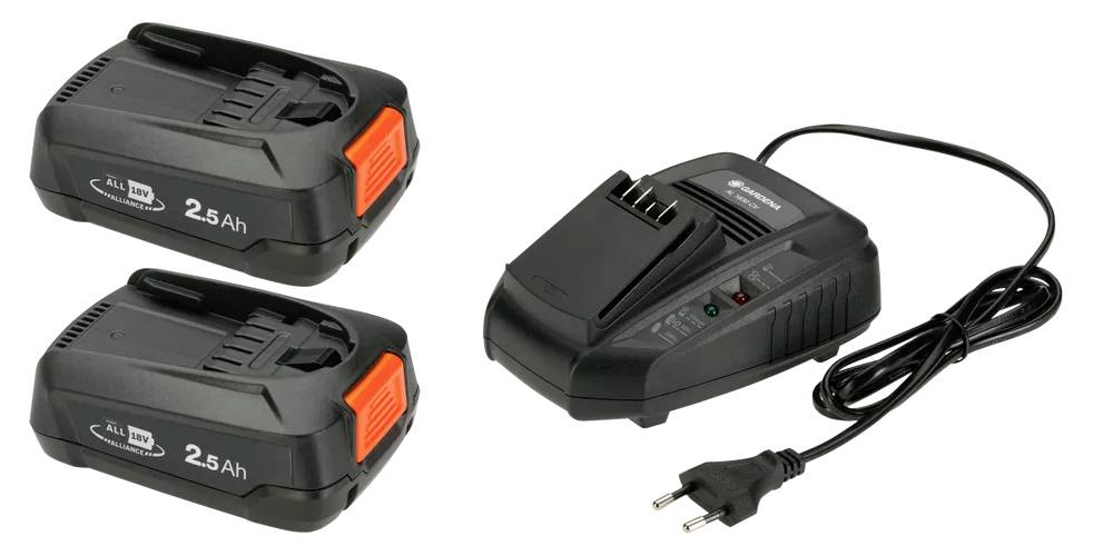Zwei wiederaufladbare Akkupacks mit 2,5 Ah und ein Ladegerät mit Kabel und Stecker.