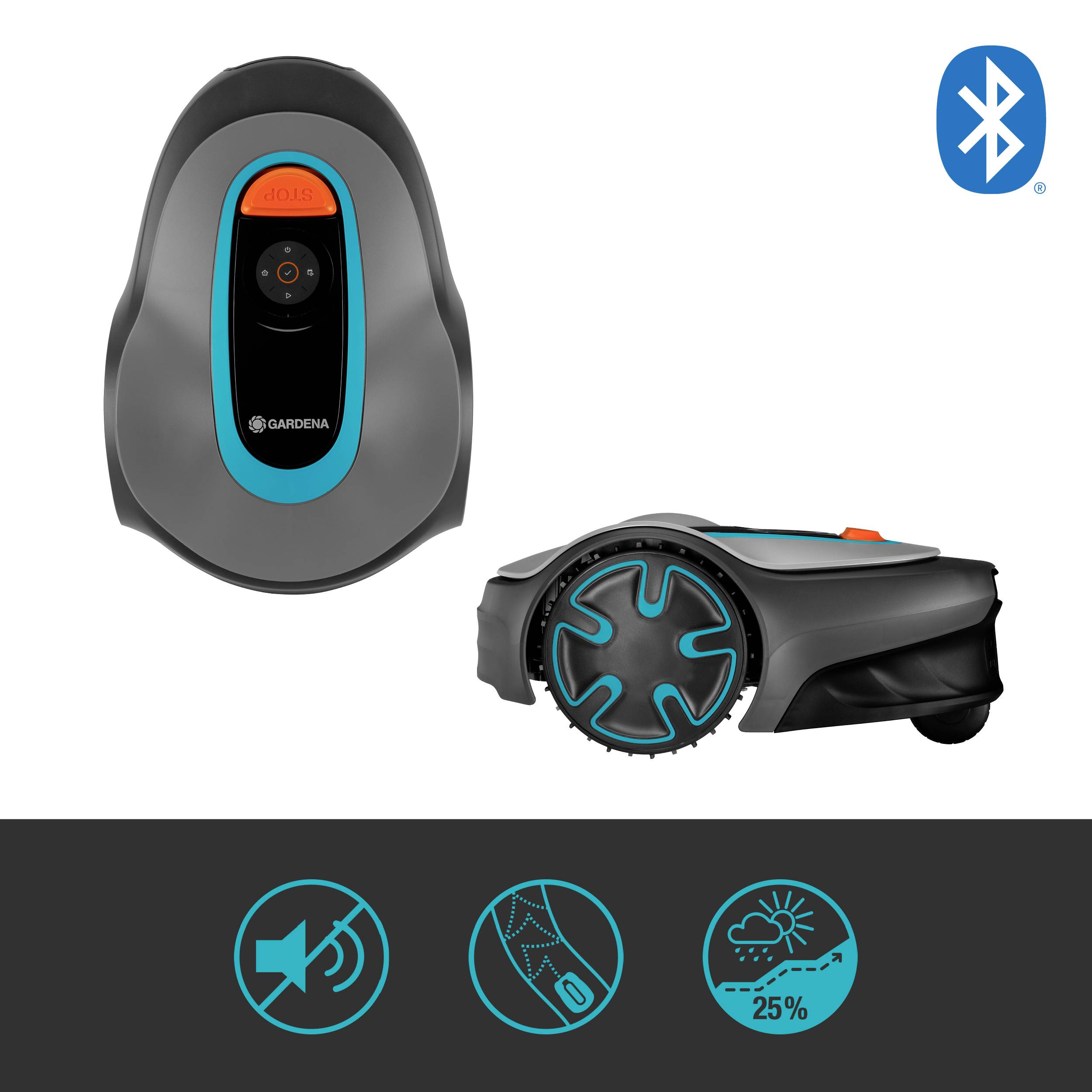 Ein Gardena-Rasenmähroboter mit Bluetooth-Logo, der einen Garten in einem Diagramm mäht. Symbole zeigen Funktionen wie Wetterfestigkeit.