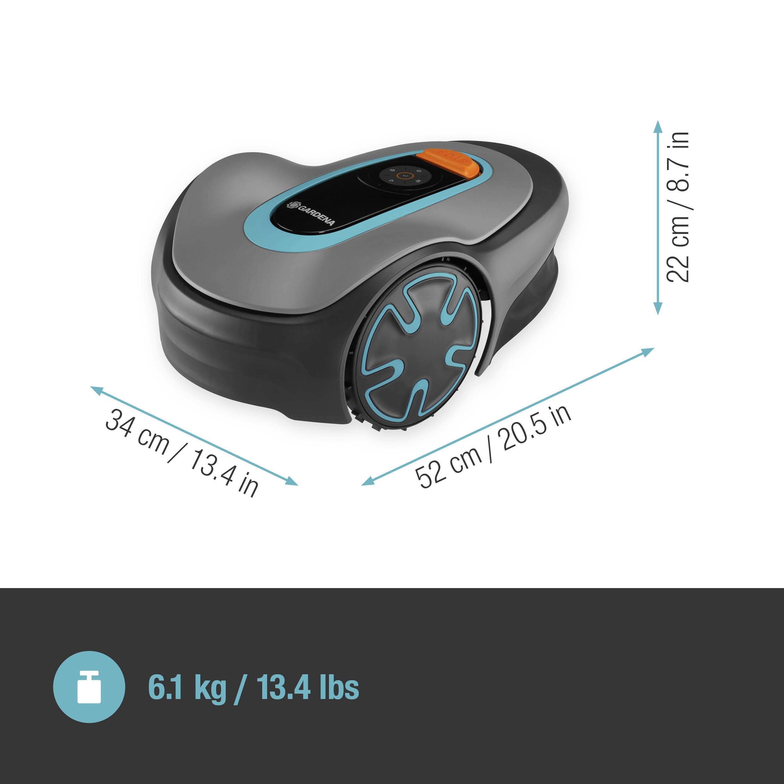 Mähroboter mit Maße: Länge 52 cm (20,5 Zoll), Breite 34 cm (13,4 Zoll), Höhe 22 cm (8,7 Zoll). Gewicht: 6,1 kg (13,4 lbs).