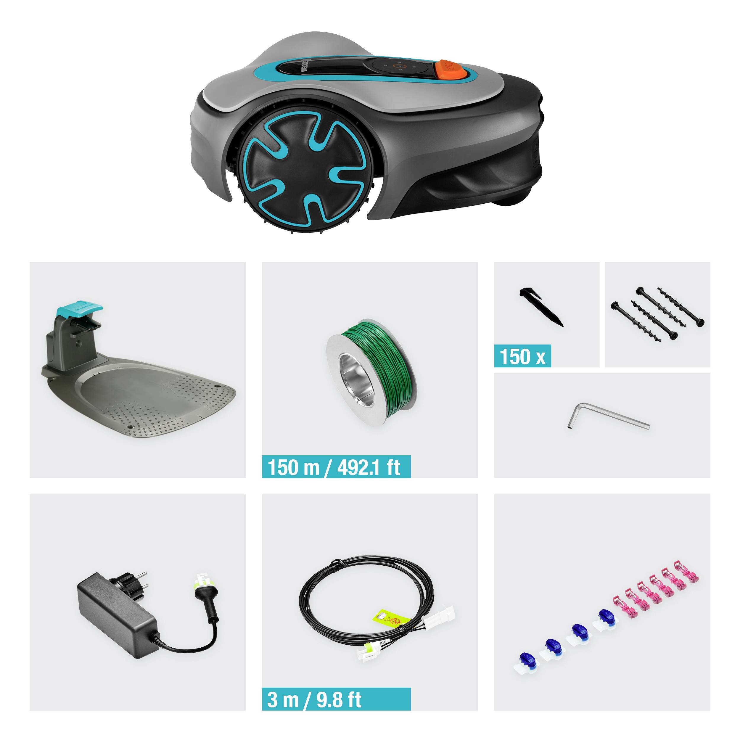 Ein Rasenmähroboter-Set mit Rasenmäher, Ladestation, Begrenzungskabel, Schrauben, Inbusschlüssel, Adapter und Kabelstecker.