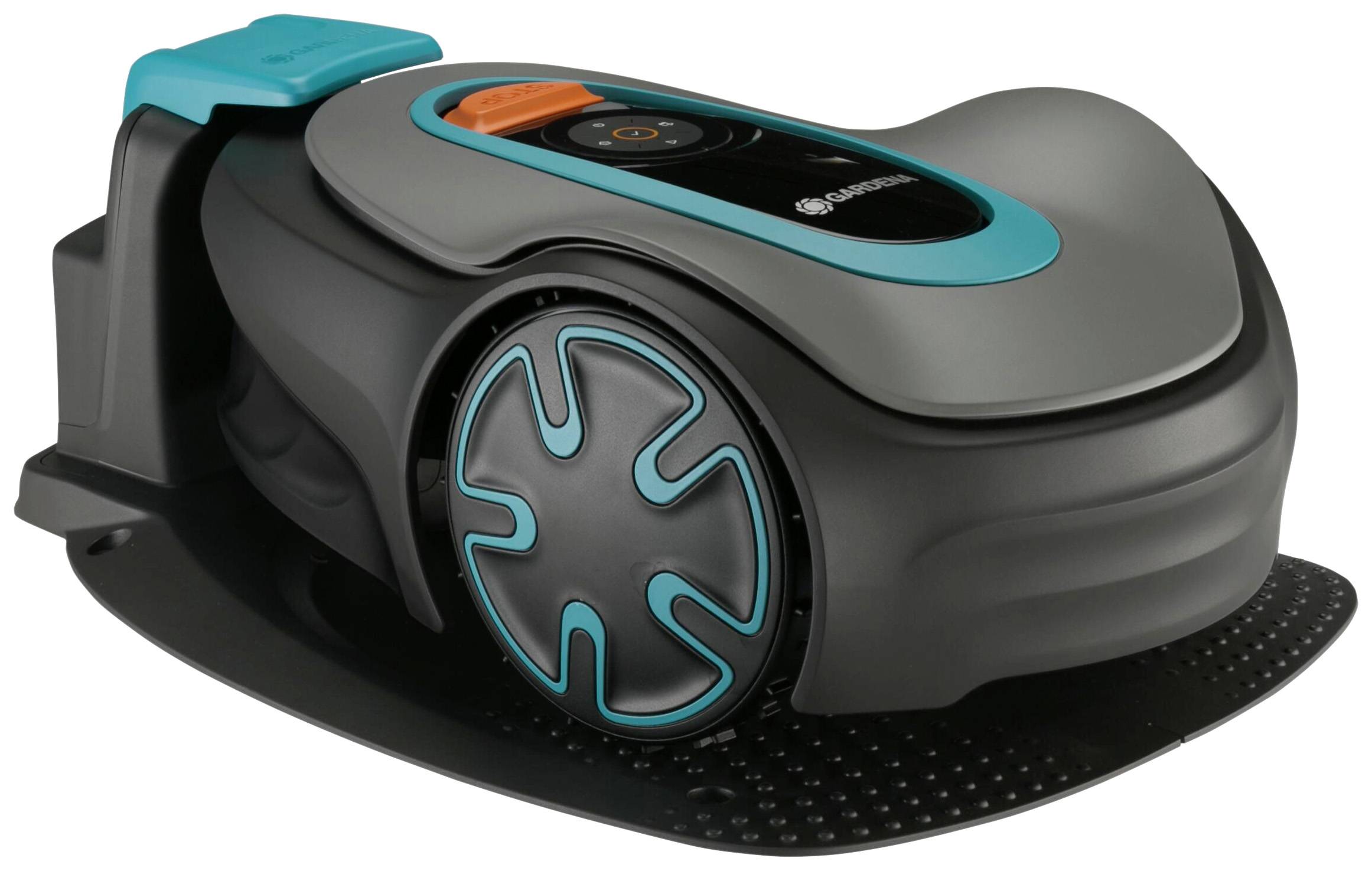 Automatischer Rasenmähroboter auf Ladestation. Kompaktes, modernes Design in Grau und Türkis mit großen Rädern.