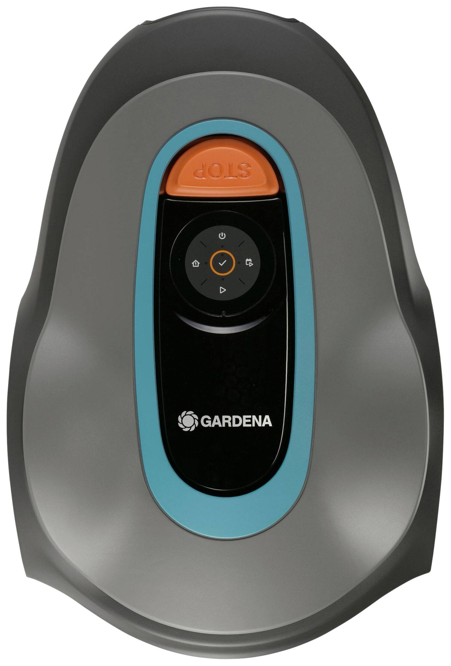 Mähroboter von Gardena in grauem Design mit türkisem Rand und orangenen Bedienelementen.