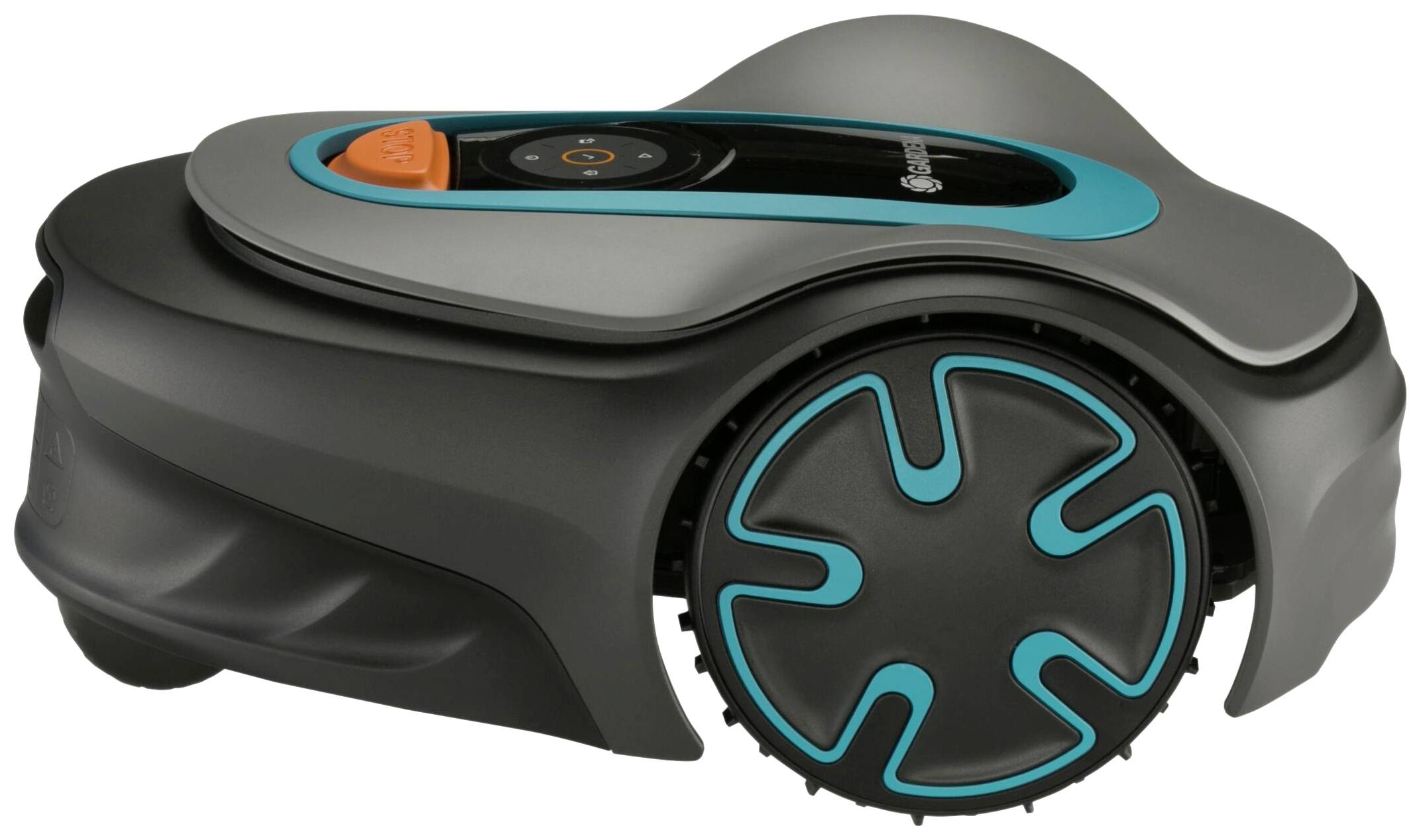 Ein grauer und blauer Rasenmähroboter mit digitalem Bedienfeld und großen Rädern zum automatischen Mähen eines Gartens.