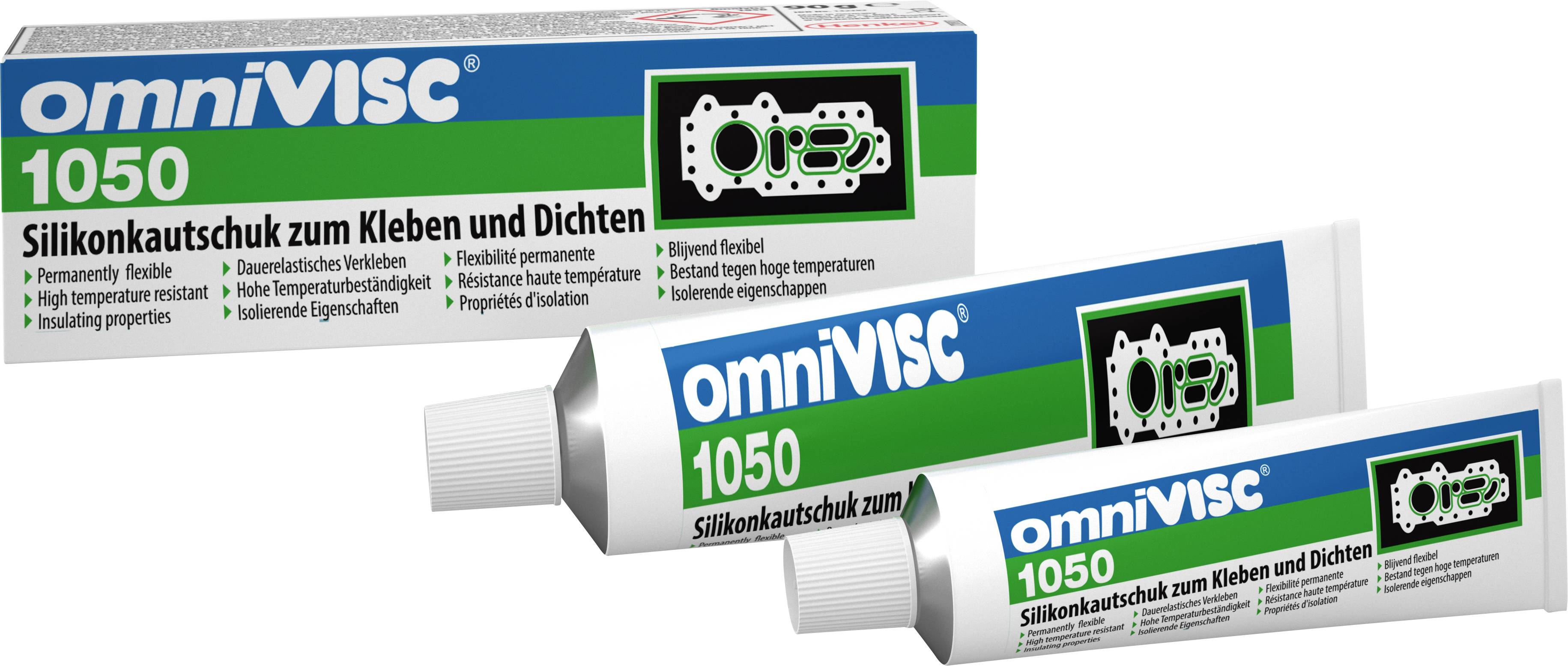 Silikonkautschuk-Tuben der Marke omniVISc, Modell 1050, zum Kleben und Dichten, geeignet für hohe Temperaturen und flexible Anwendungen.