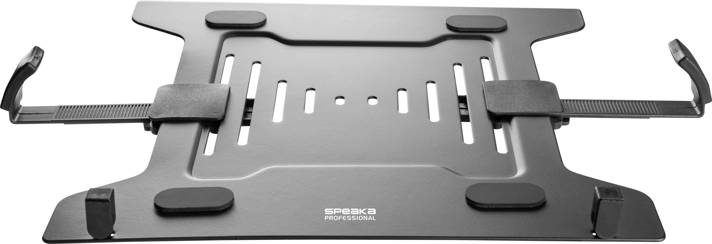 Laptophalterung aus schwarzem Metall mit verstellbaren Halterungen und rutschfesten Gummipads, dient der Stabilisierung und Kühlung.