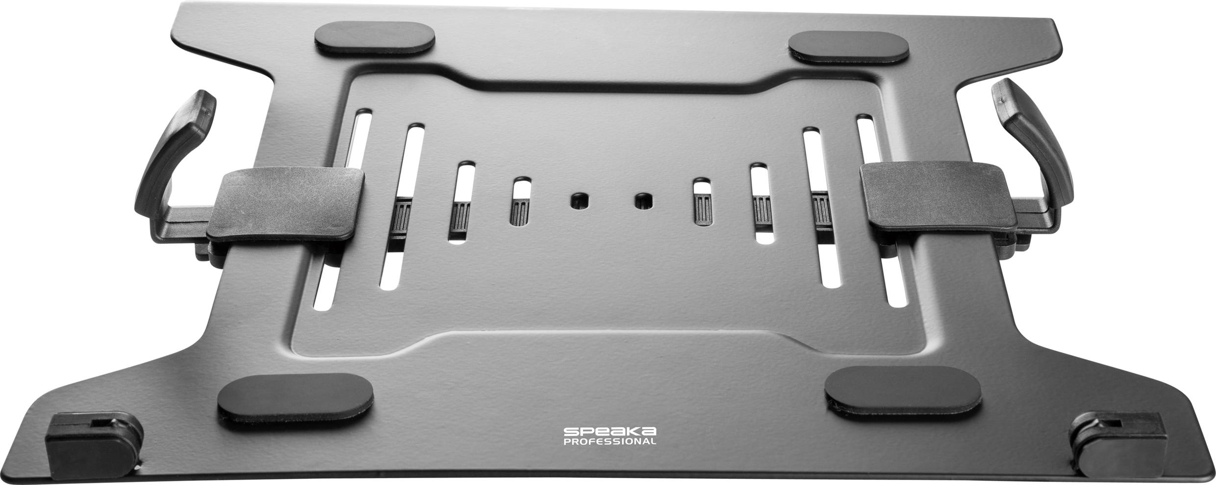 Laptop-Halterung aus Metall, schwarz, mit verstellbaren Halterungen und rutschfesten Gummifüßen zur sicheren Befestigung von Laptops.