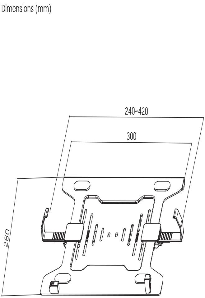 Technische Zeichnung einer Halterung mit Abmessungen: 240-420 mm Breite, 280 mm Höhe, 300 mm Tiefe.