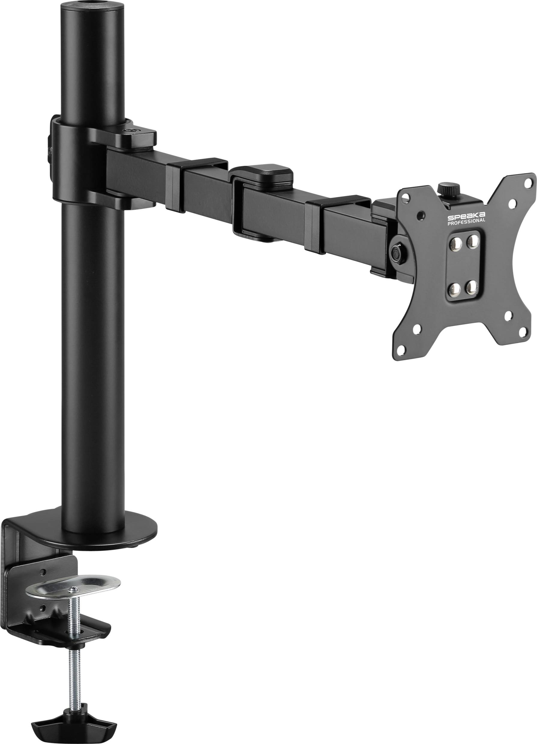Ein schwarzer, verstellbarer Monitorarm mit Klammer zur Tischmontage, geeignet für VESA-kompatible Monitore.
