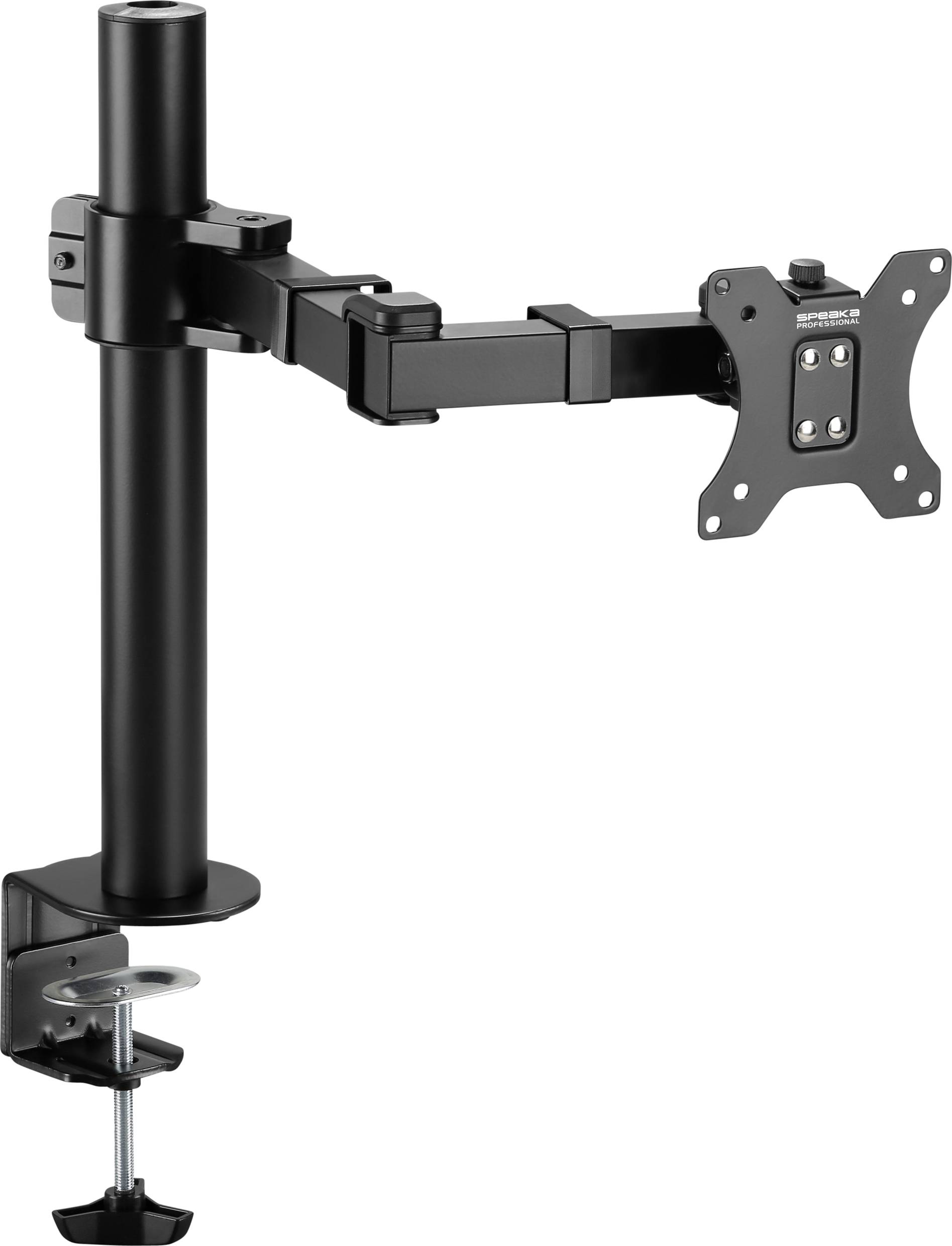 Ein schwarzer Monitorhalter mit verstellbarem Arm, Tischklemme und VESA-Halterung zur Befestigung von Monitoren an einem Schreibtisch.