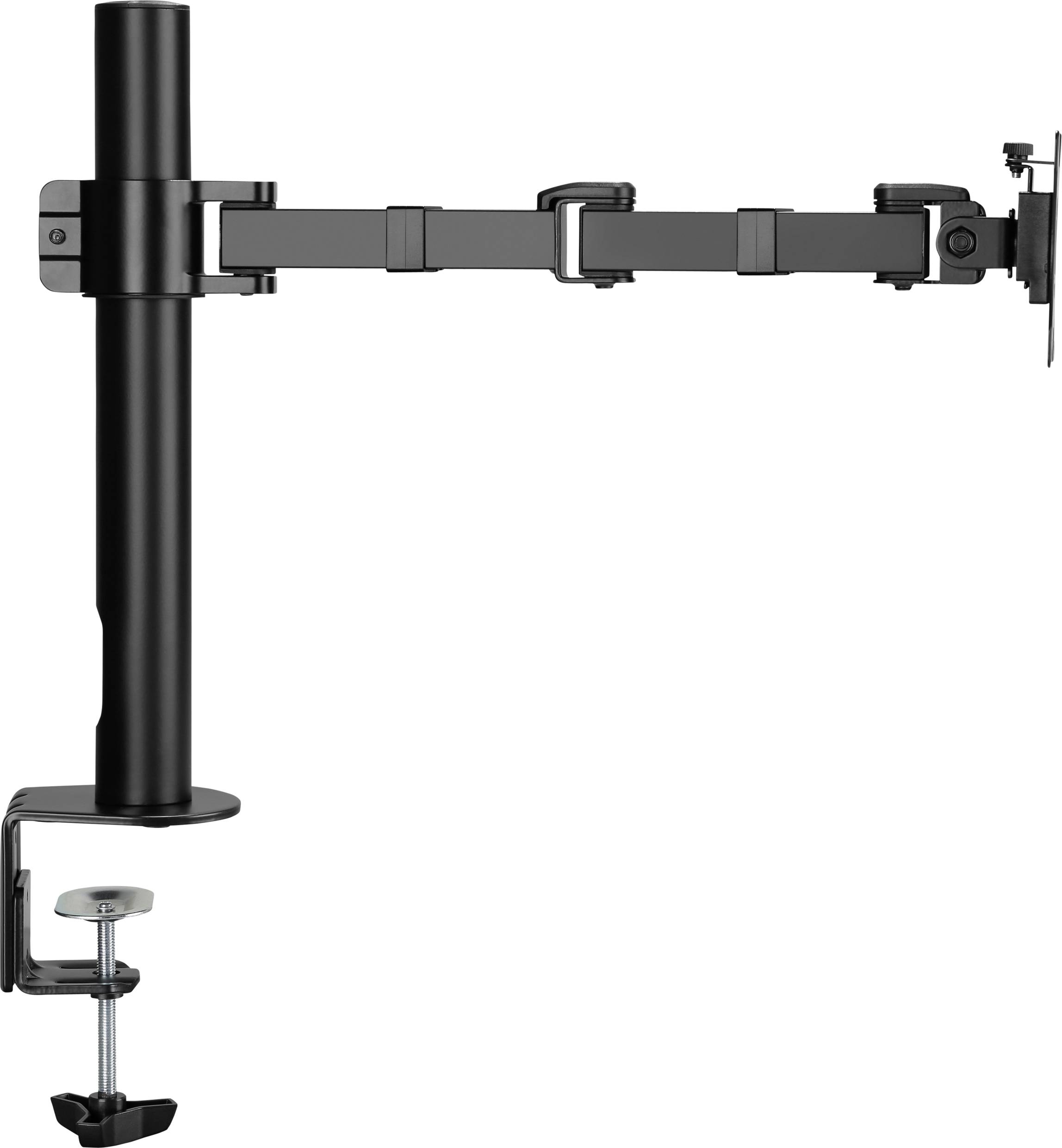 Ein schwarzer Monitorarm mit Klammer zur Tischmontage, ermöglicht Anpassung von Höhe und Neigung für ergonomische Bildschirmpositionierung.