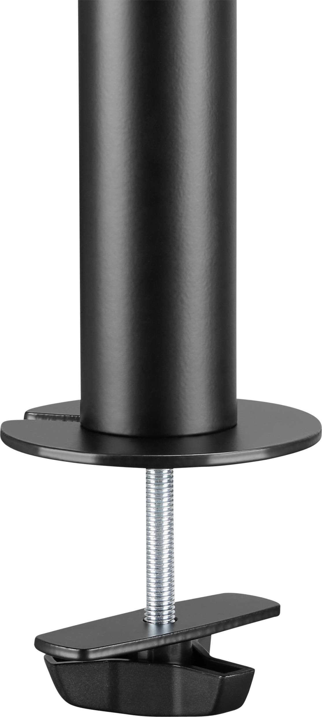 Eine schwarze Tischklemme, die zur Befestigung eines vertikalen Rohrs verwendet wird, zeigt einen Metallbolzen und eine Klemmplatte.
