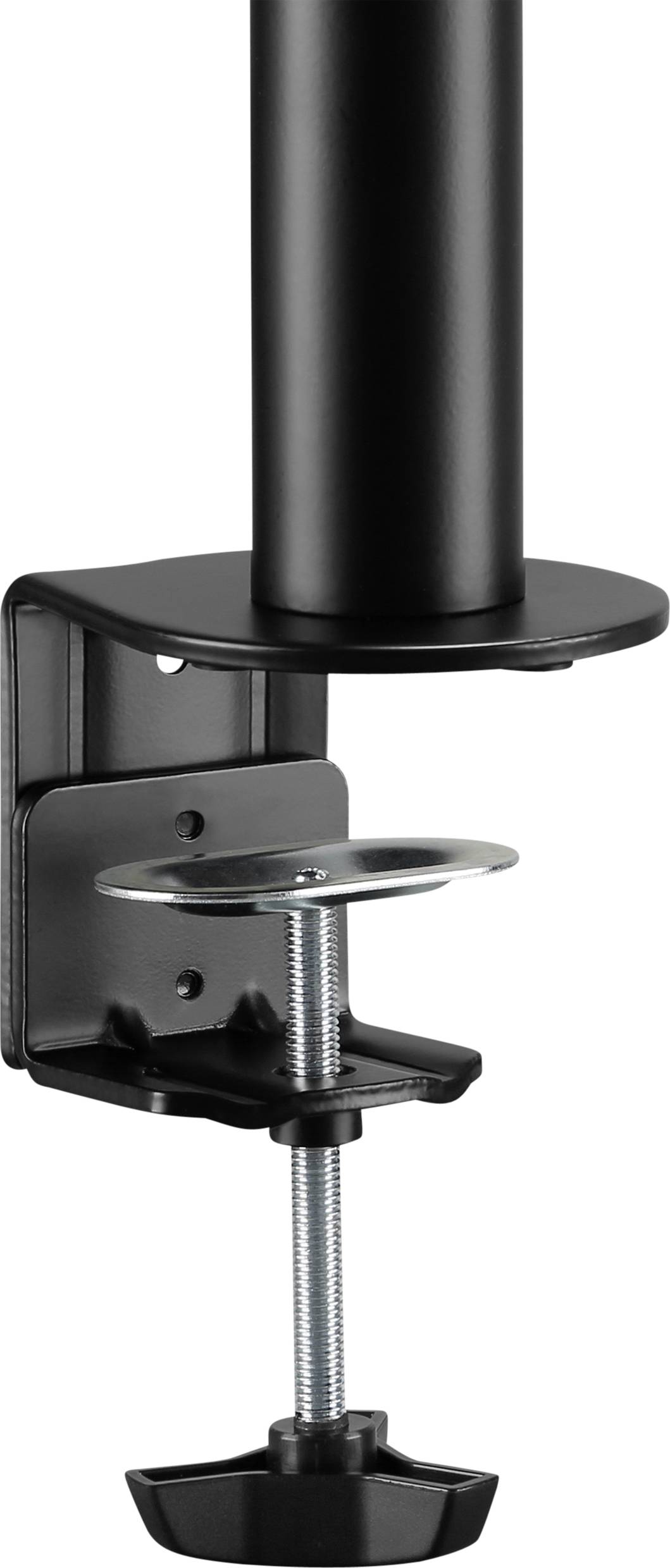 Ein schwarzer Metalltischhalter mit einer Klammer zur Befestigung an einer Tischplatte, geeignet für Monitore oder andere Geräte.