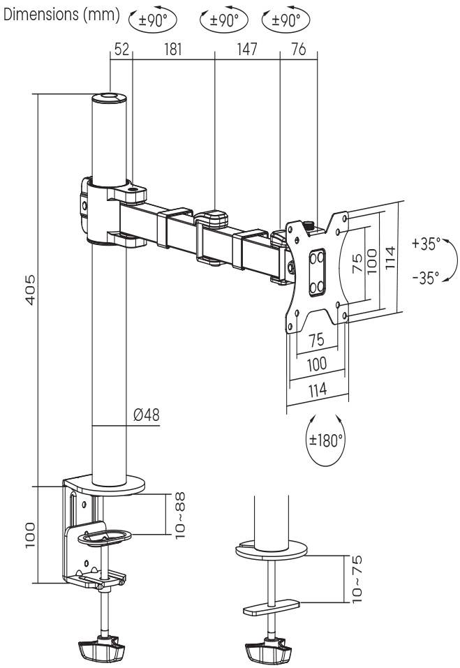 Technische Zeichnung eines Monitorschwenkarms. Abmessungen und Neigungswinkel der Halterung sind detailliert angegeben.