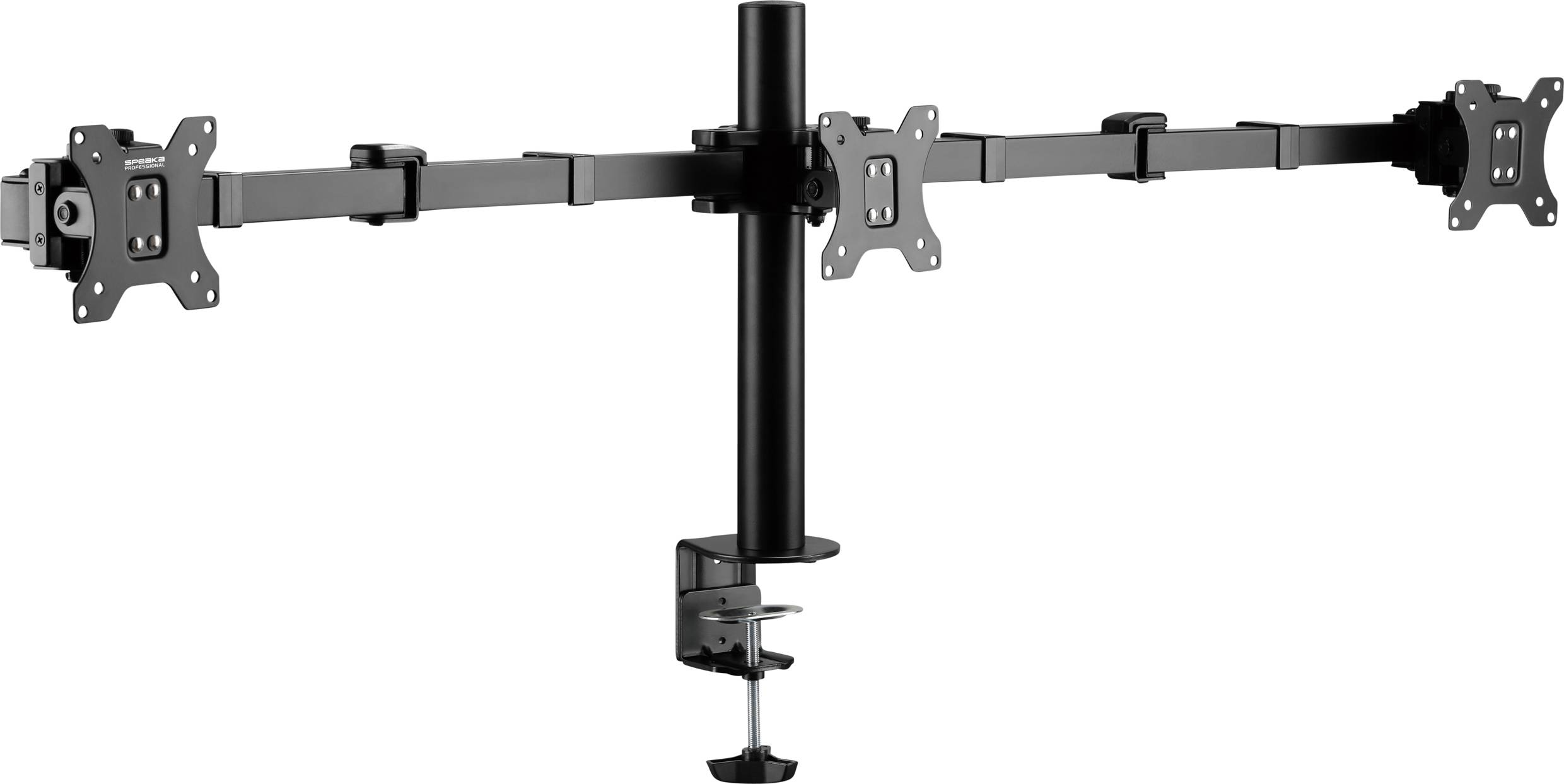 Schwenkbare Monitorhalterung mit drei Armen zur Befestigung von Displays, zentraler Mast mit Tischklemme.