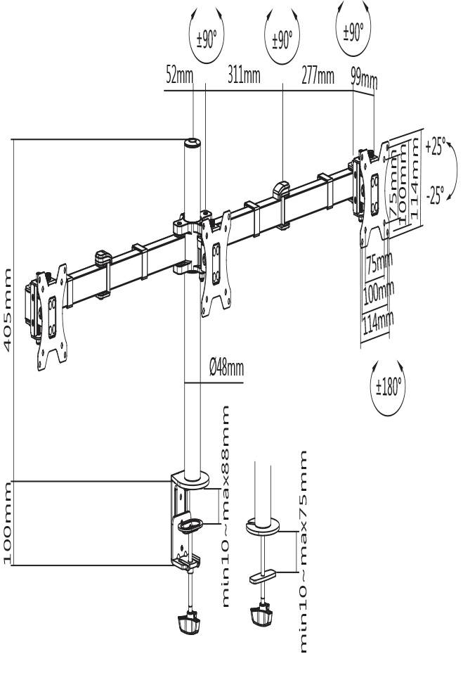 Diagramm einer Monitorhalterung: Zeigt Maße der Halterung, Höhen- und Neigungseinstellungen sowie Montageoptionen für zwei Bildschirme.