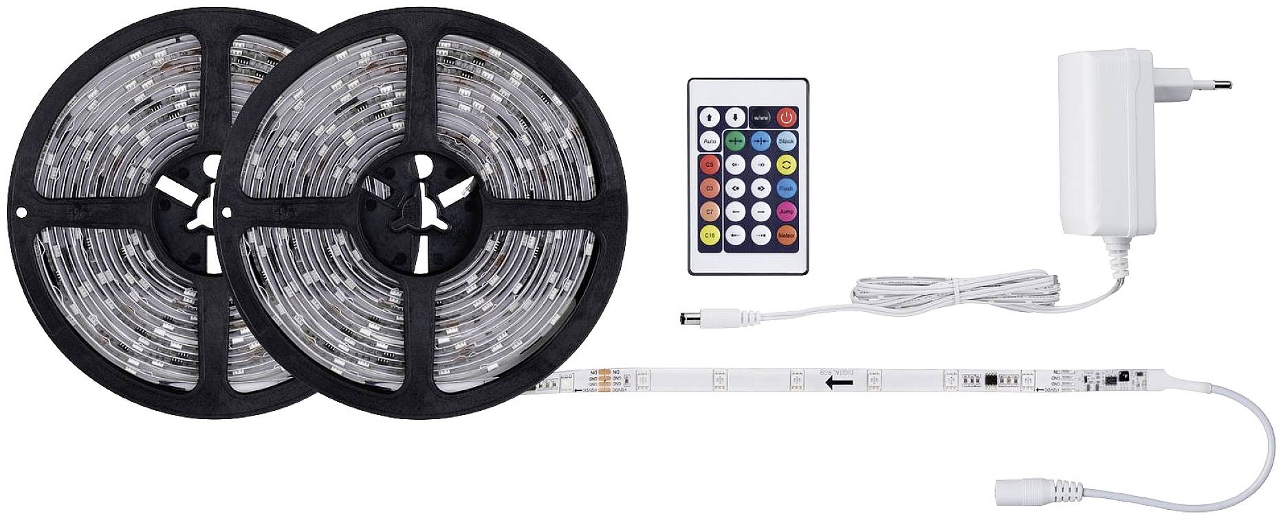 'LED-Streifen' mit Fernbedienung und Netzteil, zeigt zwei Rollen mit Lichtern und eine Fernbedienung mit bunten Tasten zur Steuerung.