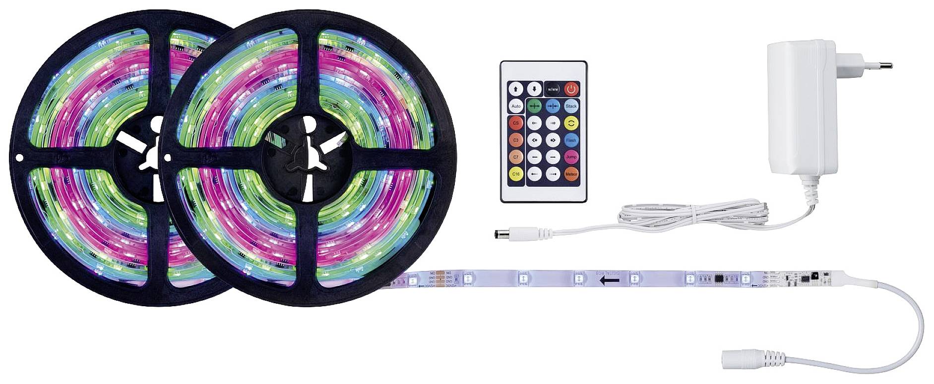 Zwei Rollen bunter LED-Lichterketten mit Fernbedienung und Netzteil; ideal zur dekorativen Beleuchtung.