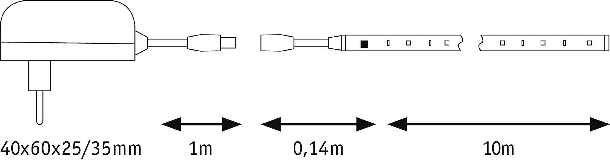 Zeichnung eines Steckernetzteils mit Maßen 40x60x25/35 mm. Anschlüsse von 1 m und 0,14 m Kabel. LED-Streifenlänge: 10 m.