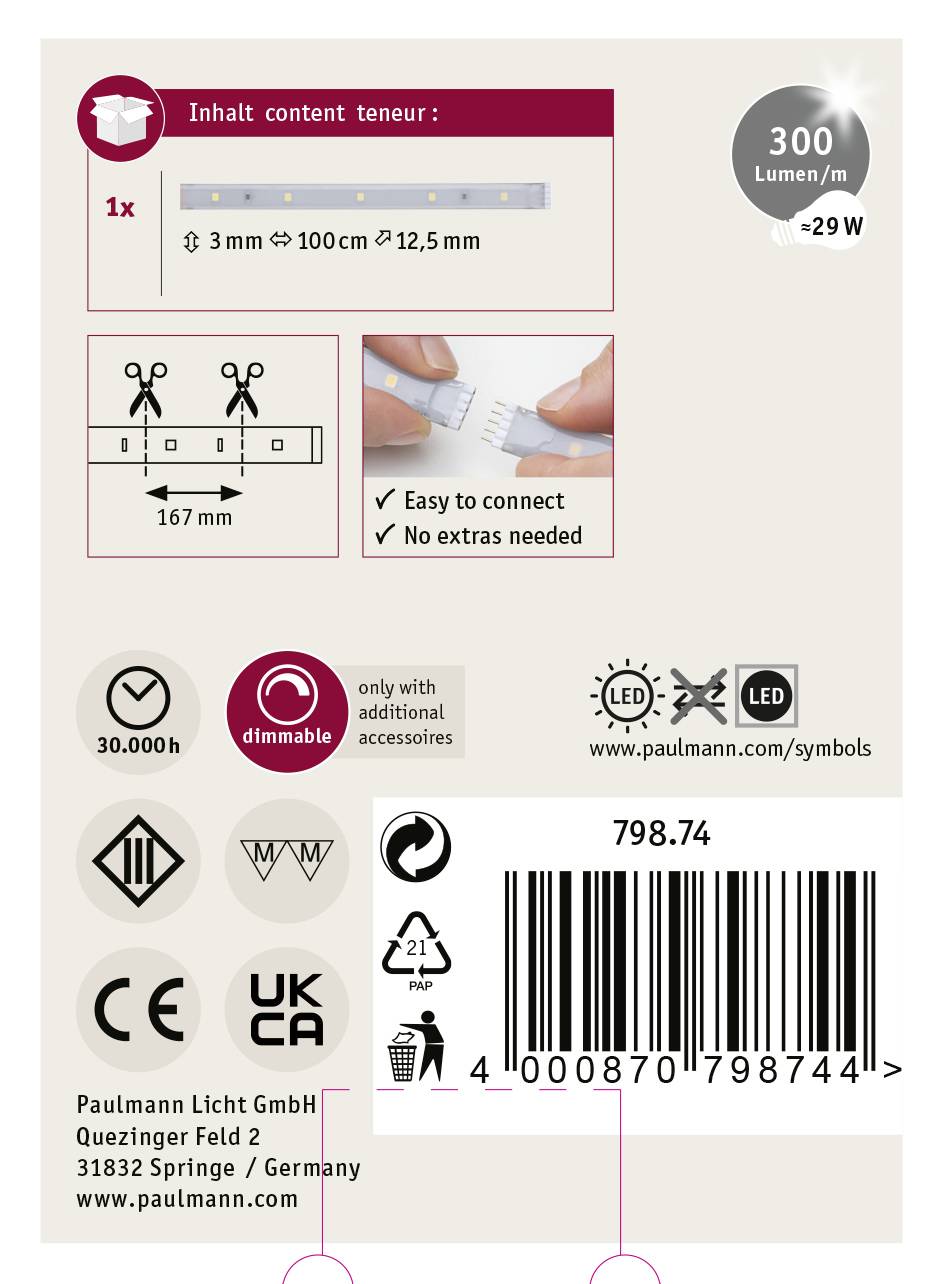 Paulmann MaxLED Stripe Daylight 79874 LED-Streifen mit Stecker 1m Tageslichtweiß 1St.