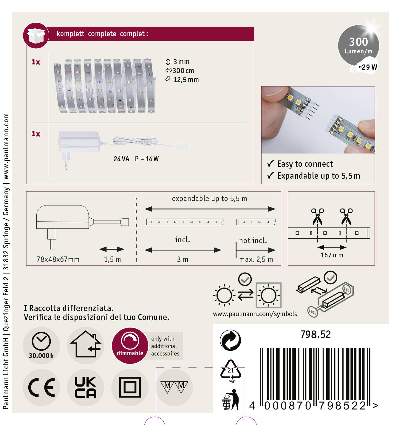 Komplettset für LED-Lichtleiste, 300 Lumen/m, 29W. Länge bis 5,5 m erweiterbar, inklusive Netzteil. Kompakt und einfach zu verbinden.