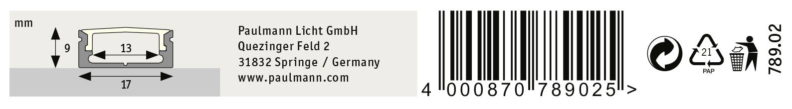 Etikett mit den Maßen eines Leuchtelements: Breite 13 mm, Länge 17 mm. Hersteller: Paulmann Licht GmbH, Adresse: Springe, Deutschland. Strichcode rechts.