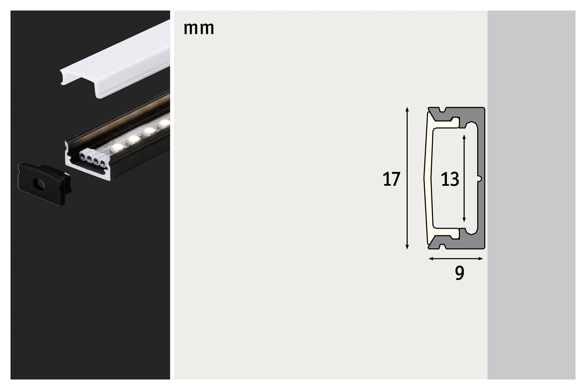 Querschnitt eines LED-Streifenprofils mit Maßen: Höhe 17 mm, Breite 13 mm, Tiefe 9 mm.