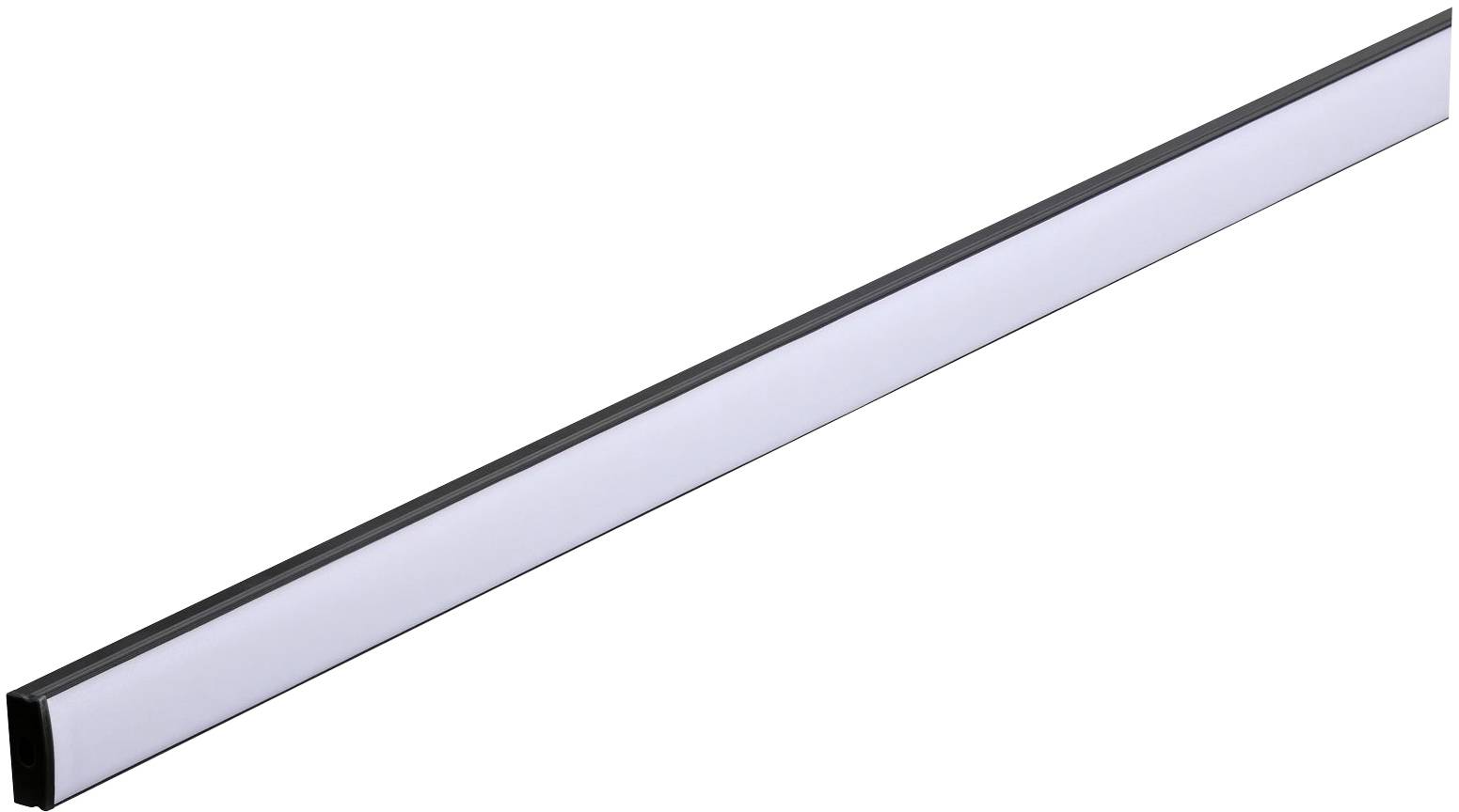 Ein schmaler, länglicher LED-Lichtbalken mit schwarzem Rahmen und weißer Leuchtfläche, geeignet für gleichmäßige Beleuchtung.