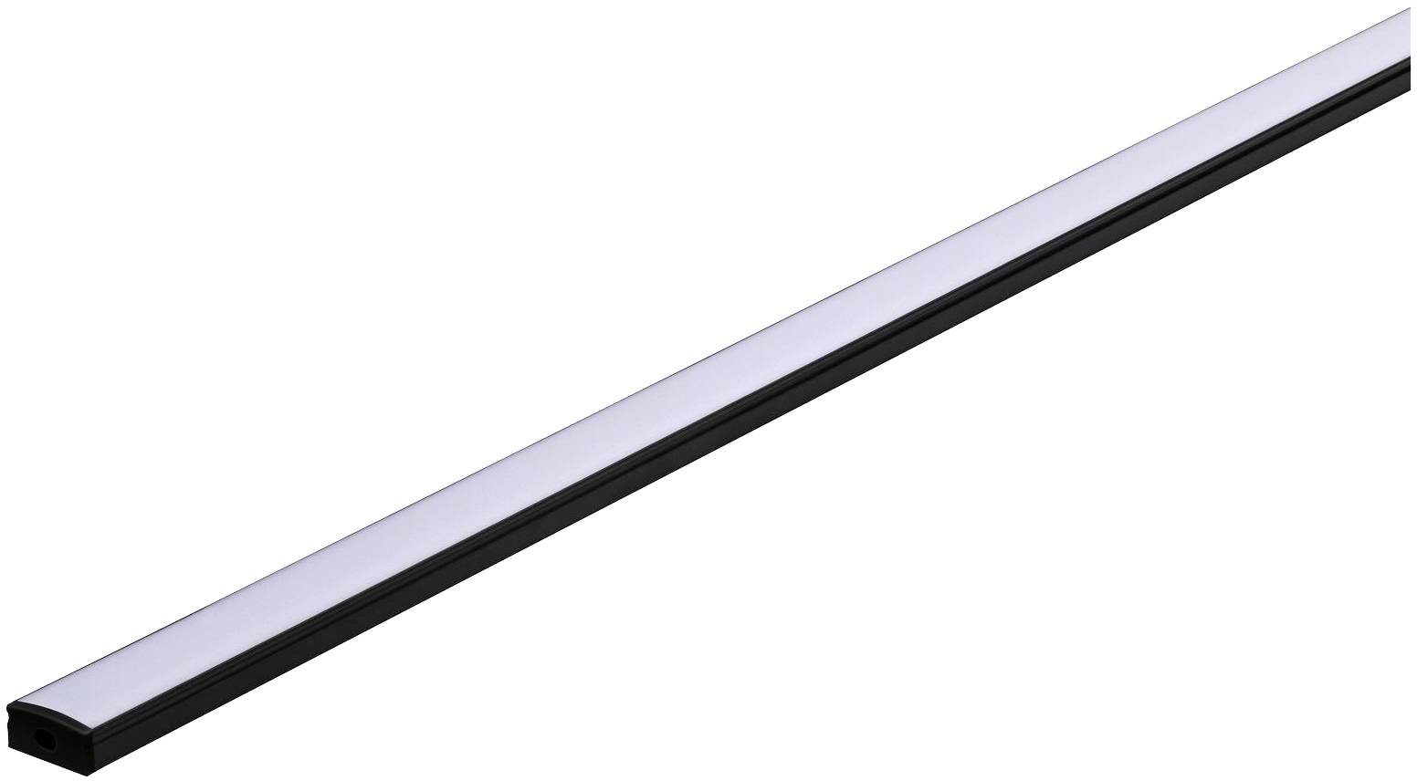 Ein langer, schlanker LED-Lichtstreifen, der in einem schwarzen Gehäuse montiert ist, mit einer weißen diffusen Abdeckung.