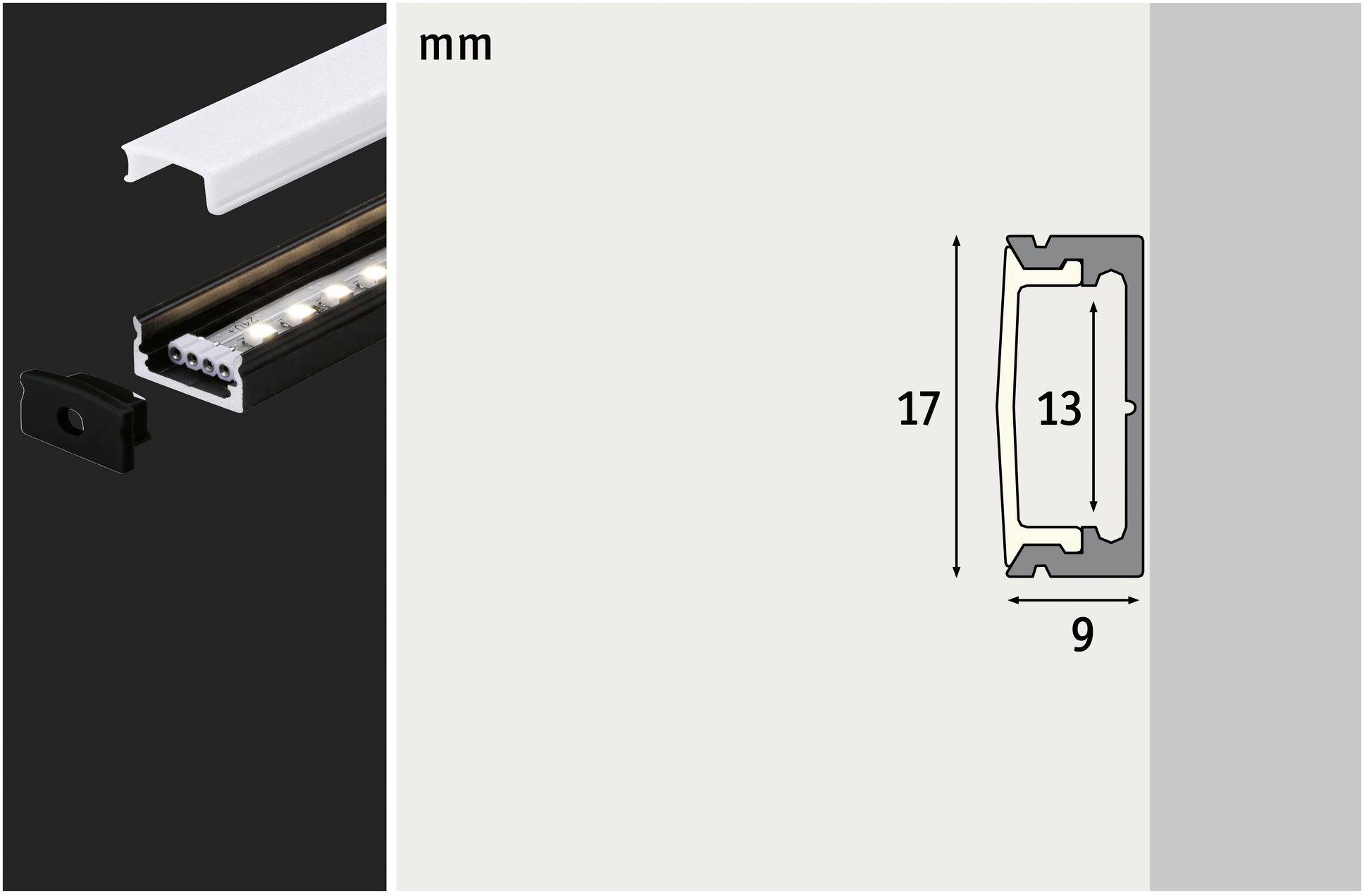 LED-Lichtleiste mit Abdeckung. Technische Zeichnung zeigt Maße: 17 mm Höhe, 13 mm Breite (Innen), 9 mm Außenbreite. Ideal für Einbau.