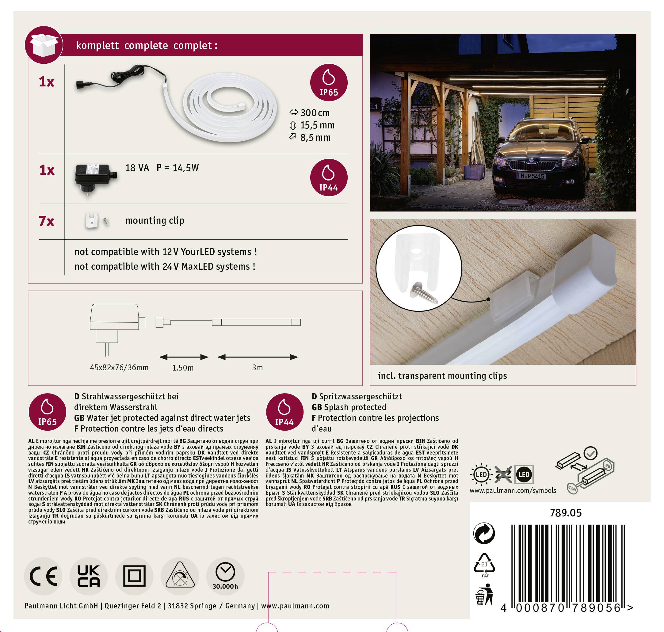 Paulmann SimpLED Outdoor Stripe 78905 LED-Streifen-Komplettset mit Stecker 24V 3m Warmweiß 1St.