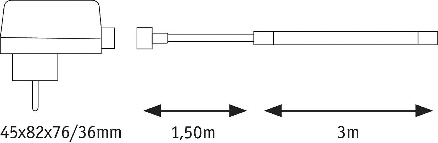 Diagramm eines rechteckigen Geräts mit Steckerkontakt, verbunden mit einem Kabel. Längenangaben: 1,50m und 3m. Maße: 45x82x76/36 mm.