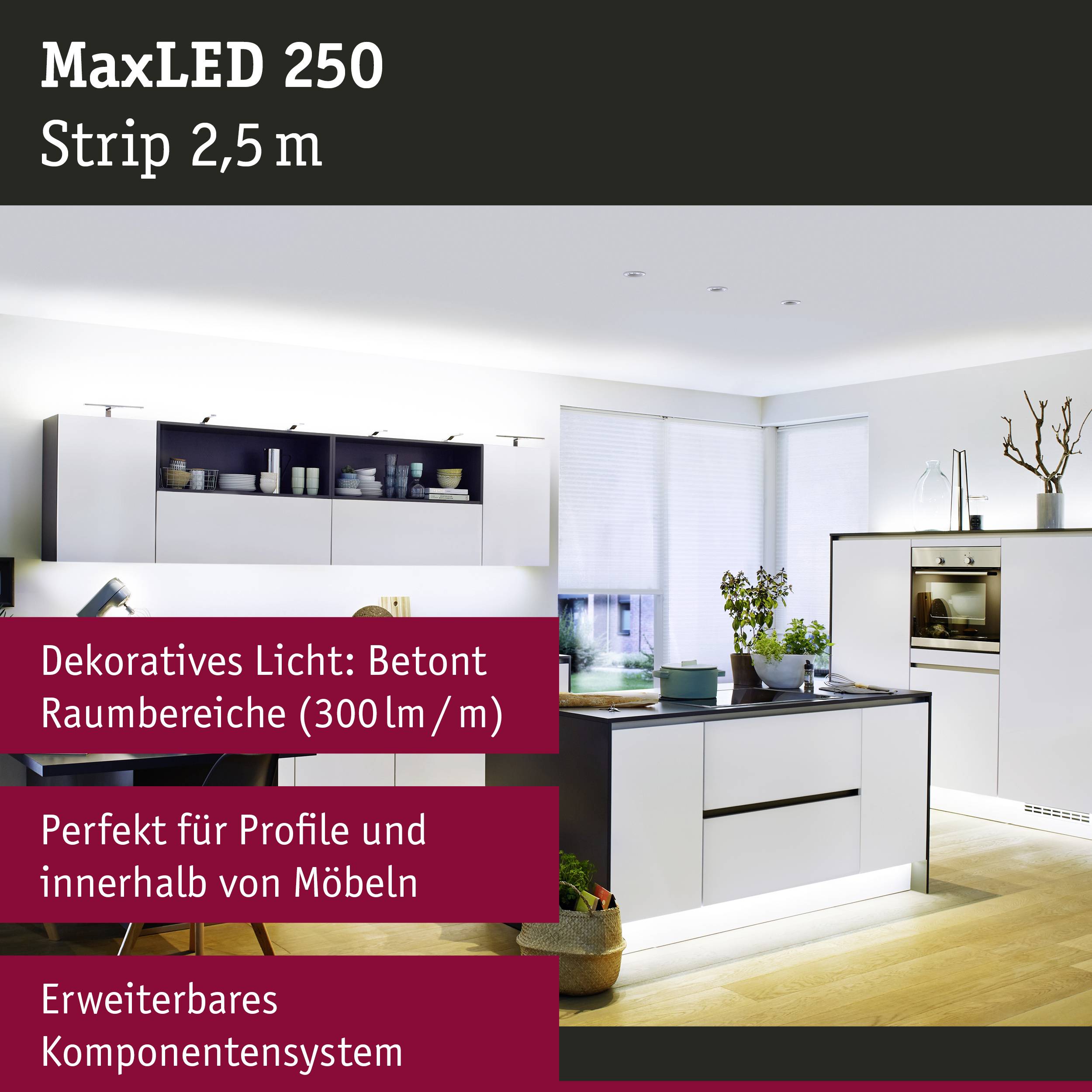 'MaxLED 250 Strip 2,5m' LED-Beleuchtung in moderner Küche. Über und unter Schränken angebracht; betont Raumbereiche, erweiterbares System.