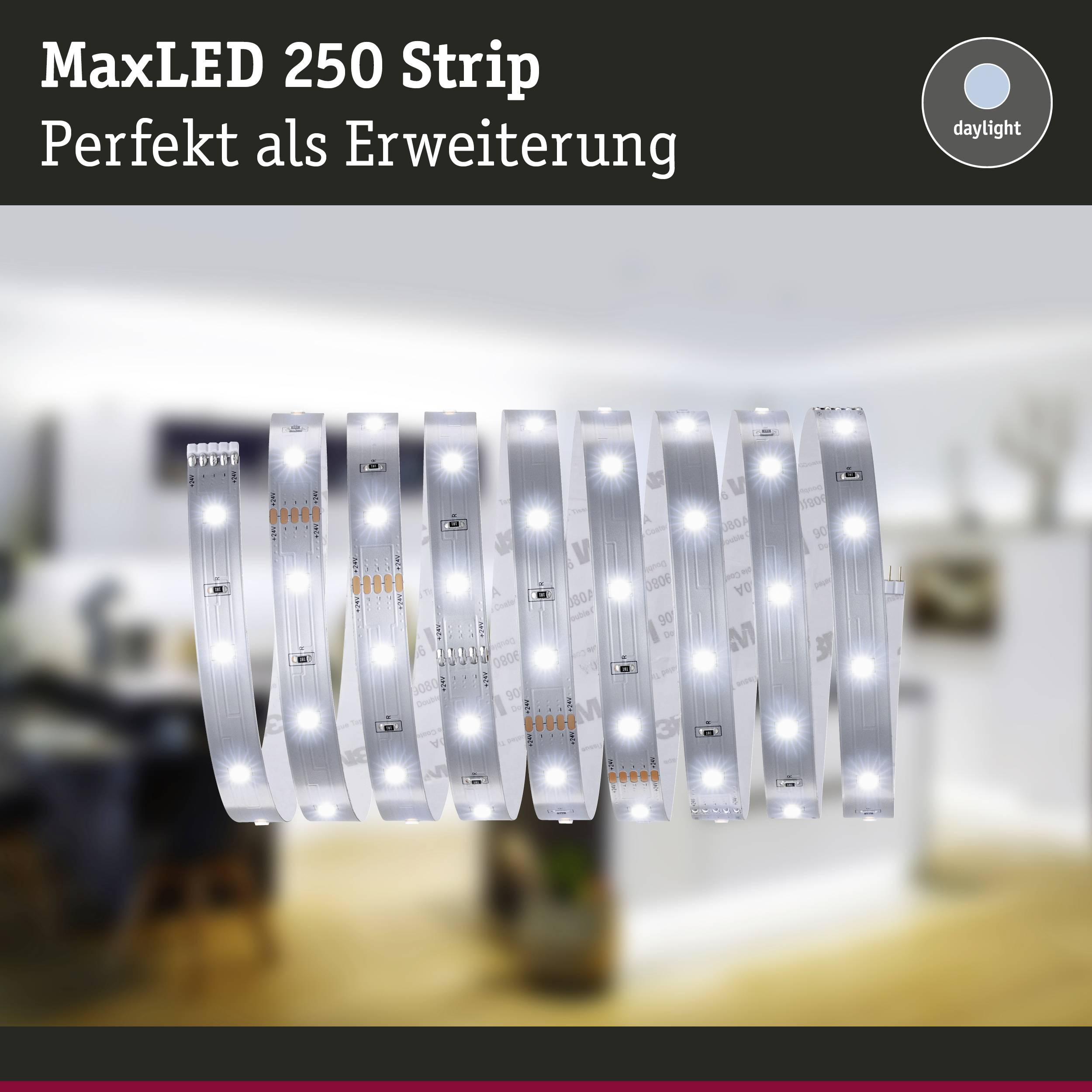 LED-Streifen mit dem Text 'MaxLED 250 Strip - Perfekt als Erweiterung', Terrasse im Hintergrund, Tageslichtfarbe.