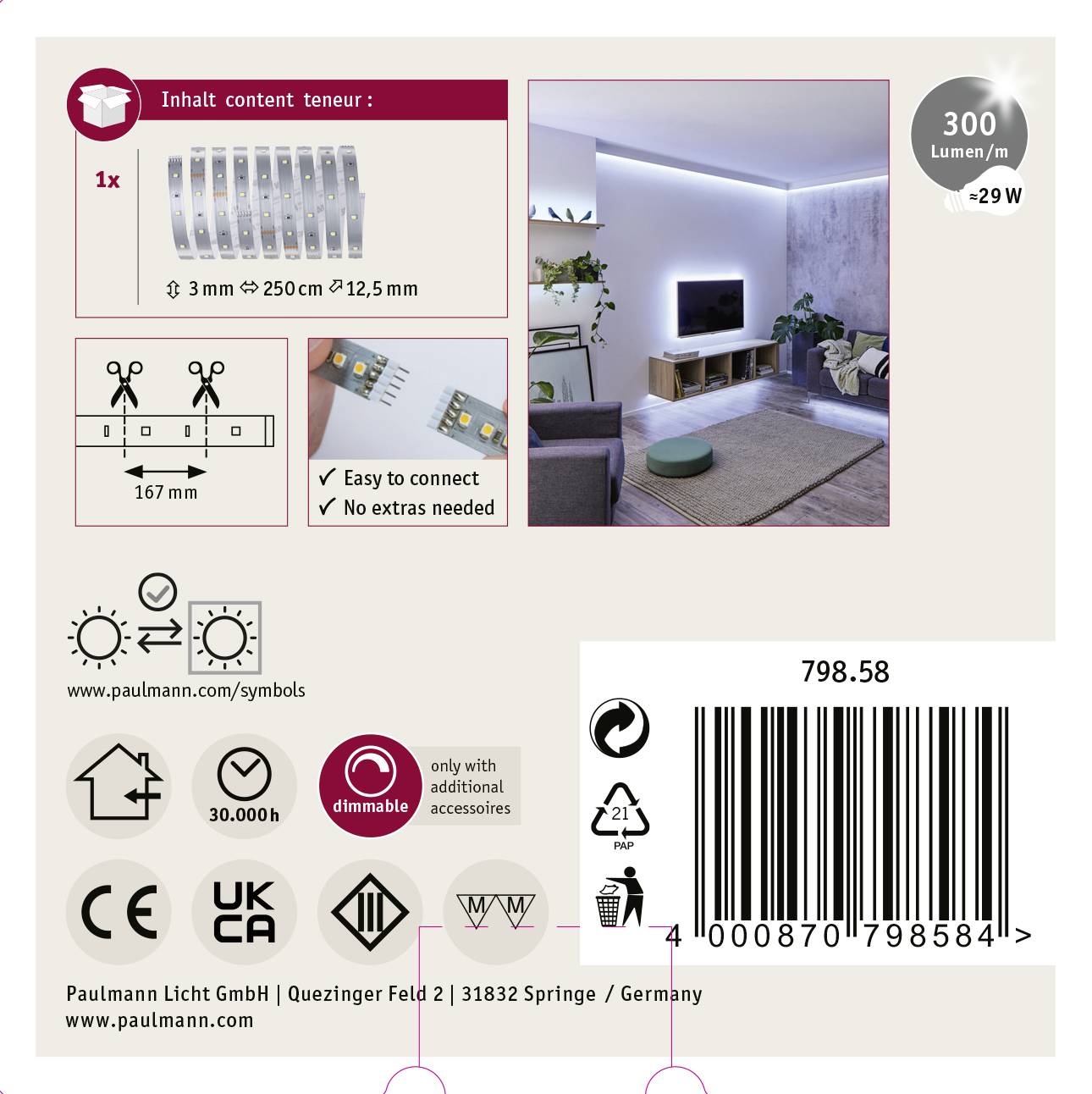 Verpackung für LED-Lichtleiste: Enthält 300 Lumen/m, 3m Länge, einfach zu verbinden, keine weiteren Zubehörteile erforderlich.