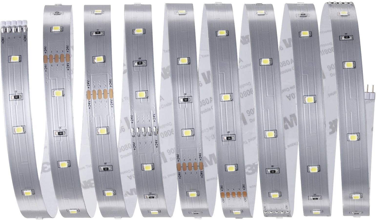 LED-Streifen in einer Zickzack-Anordnung, mit kleinen gelben LEDs auf silbernem Hintergrund, geeignet für flexible Beleuchtungsanwendungen.